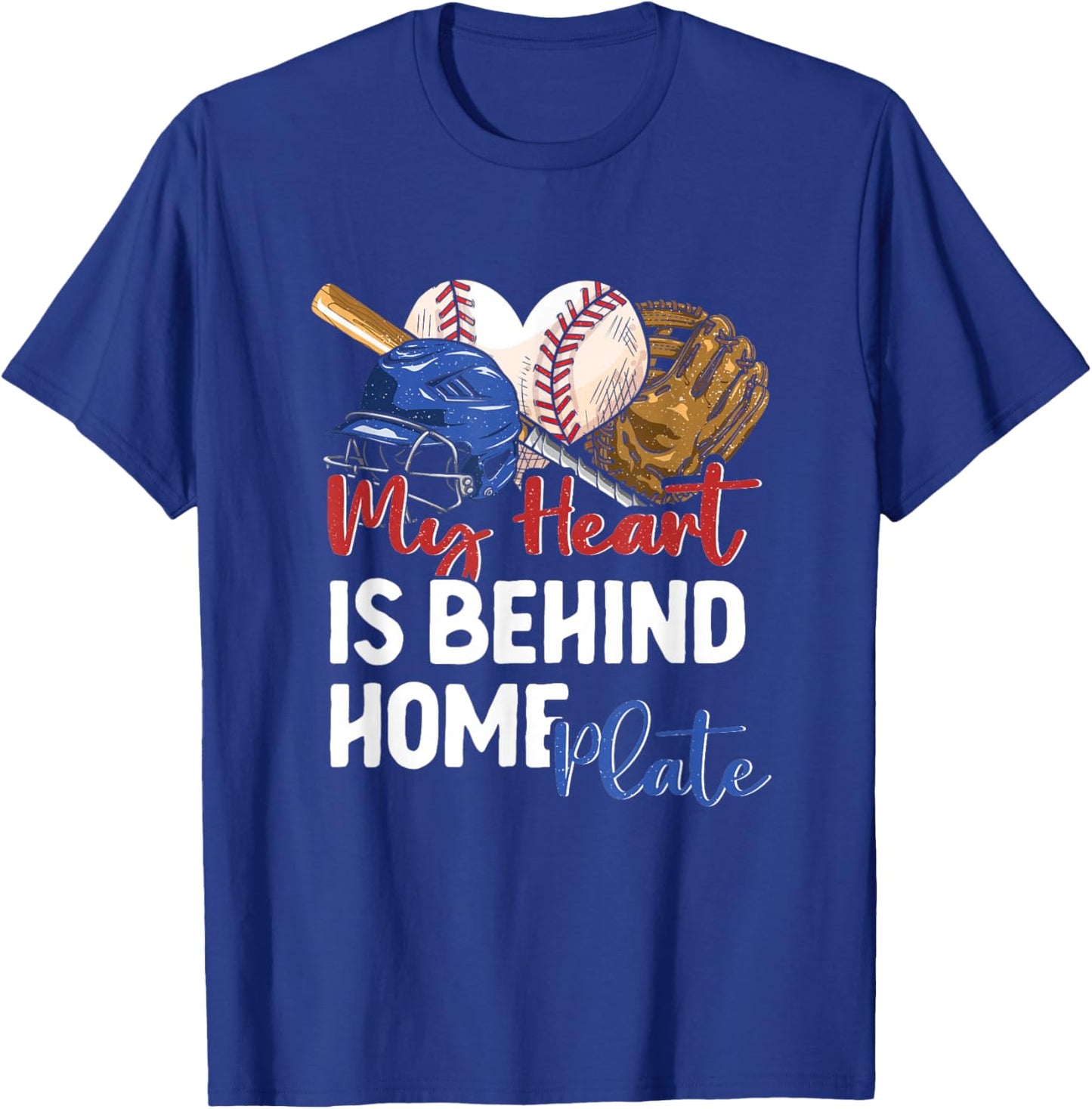 Mom Baseball Softball My Heart is Behind Home Plate Catcher T-Shirt - T-Shirt | Royal