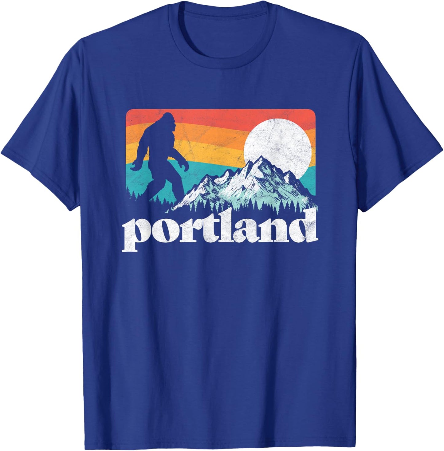 Portland Oregon Bigfoot & Mountains Outdoors T-Shirt - T-Shirt | Royal