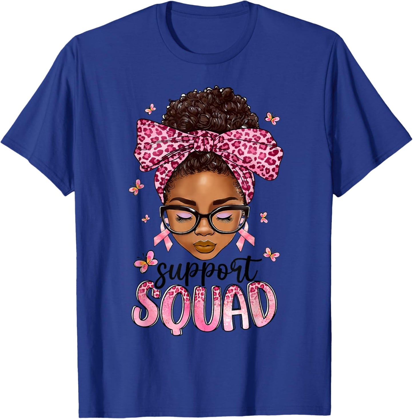 Support Squad Breast Cancer Awareness Messy Bun Black Woman T-Shirt - T-Shirt | Royal