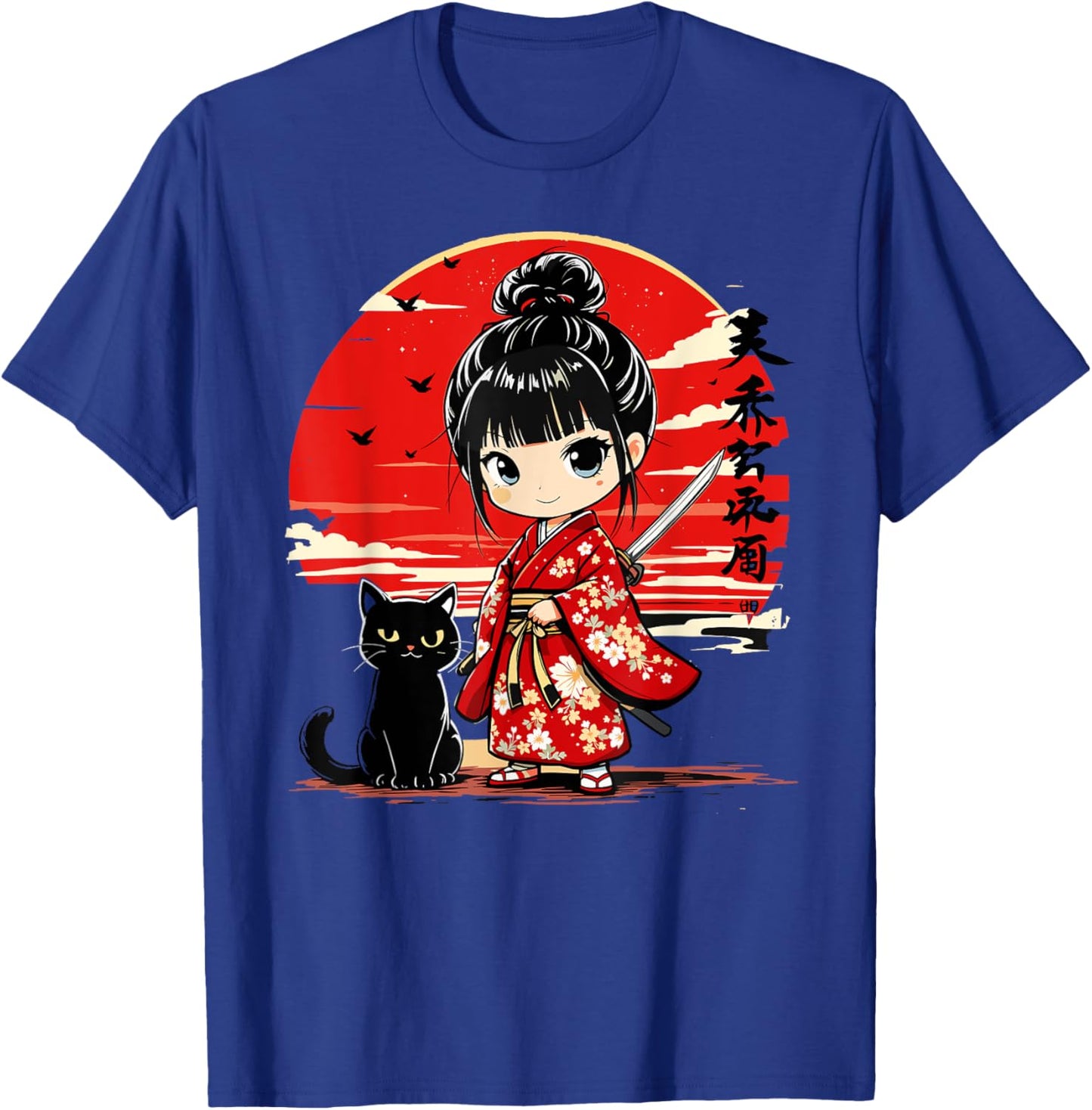 Cute Kawaii Samurai Girl and Cat Japanese Anime Kids Girls T-Shirt - T-Shirt | Royal