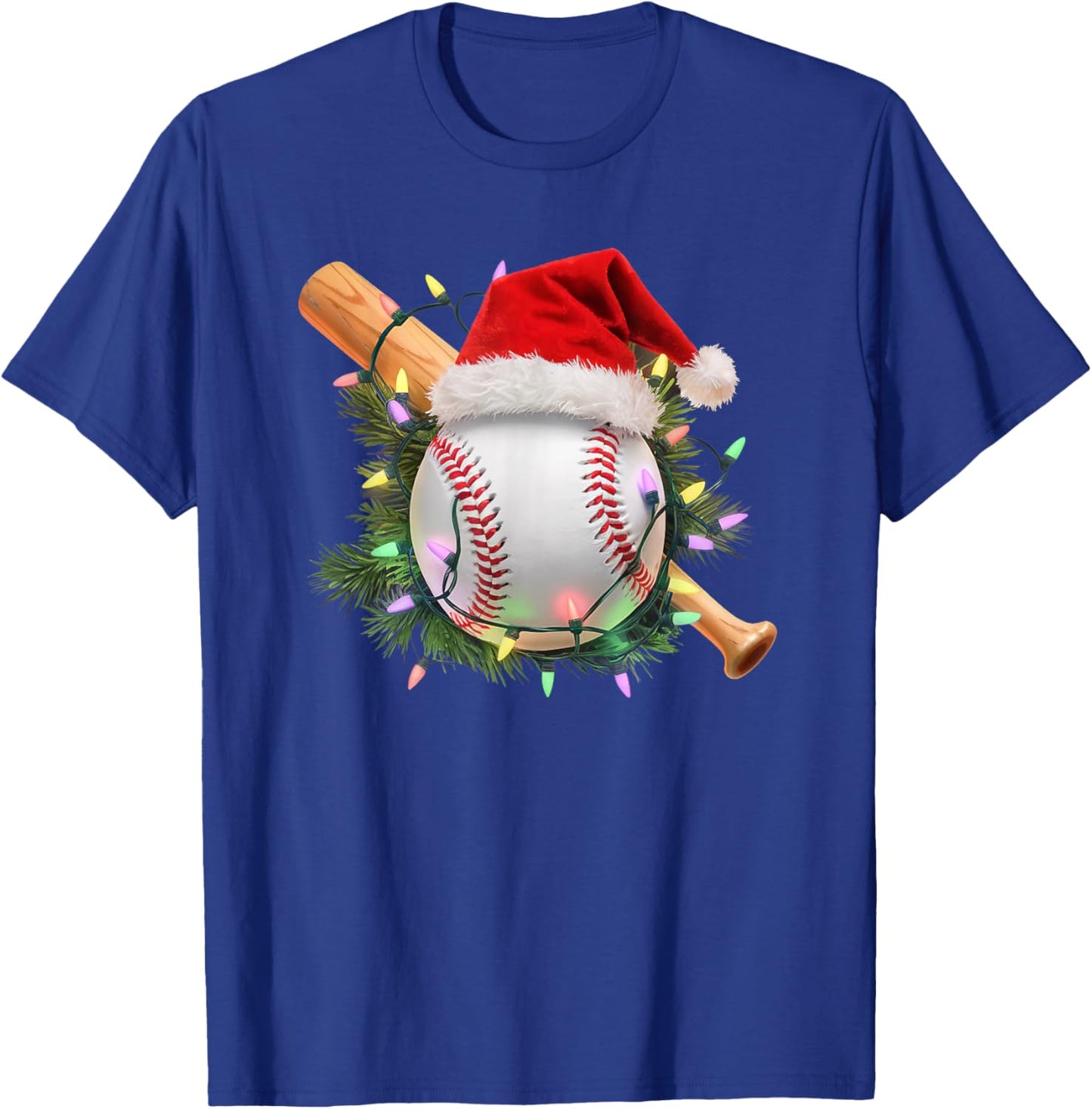 Christmas Baseball Santa Hat Holiday Lights Sports Fans T-Shirt - T-Shirt | Royal