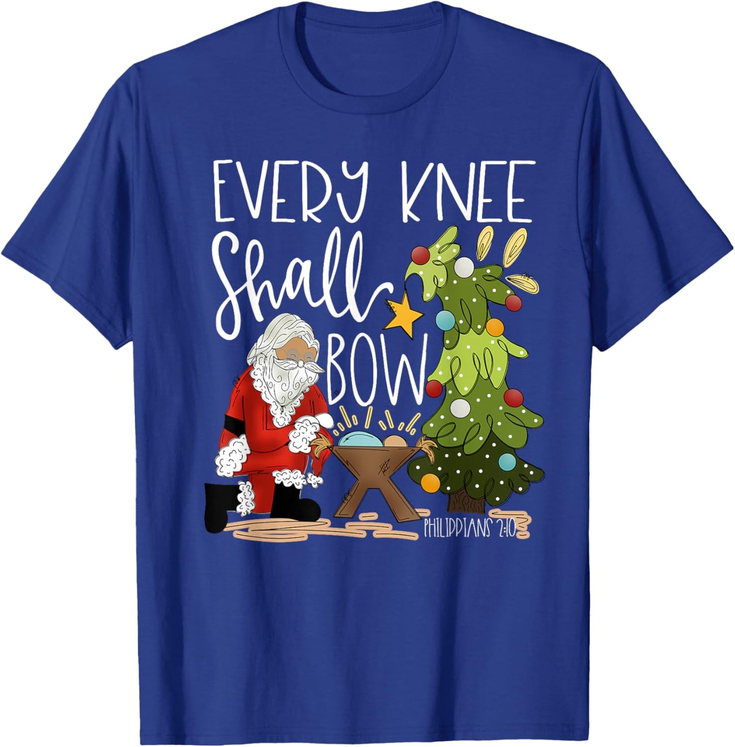 Retro Every Knee Shall Bow Santa Clause Religious Christmas T-Shirt - T-Shirt | Royal