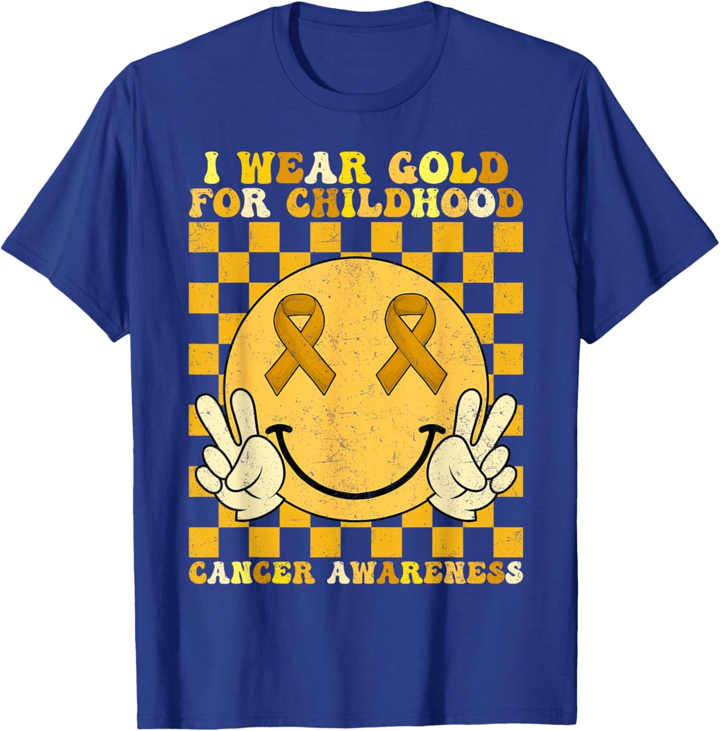 Groovy I Wear Gold For Childhood Cancer Awareness Smile Face T-Shirt - T-Shirt | Royal