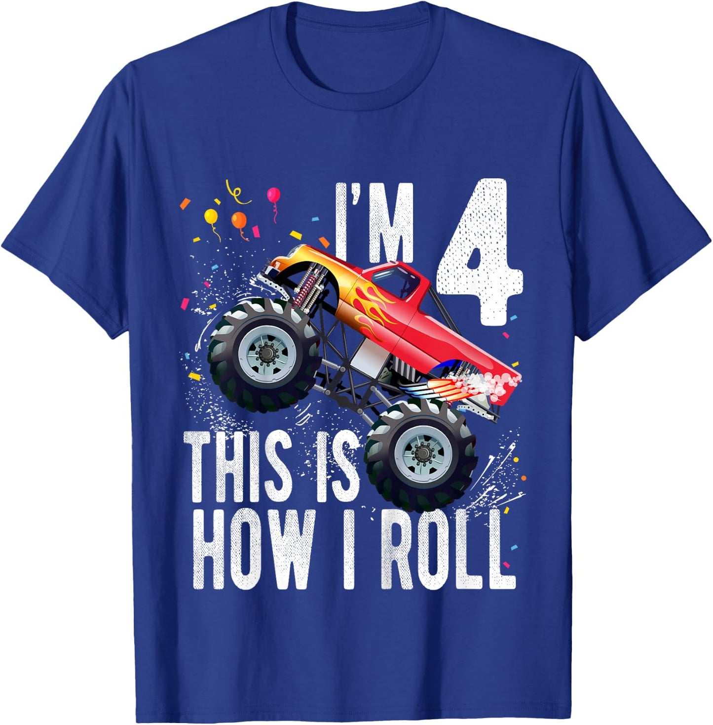 Kids 4 Year Old Shirt 4th Birthday Boy Monster Truck Car T-Shirt - T-Shirt | Royal