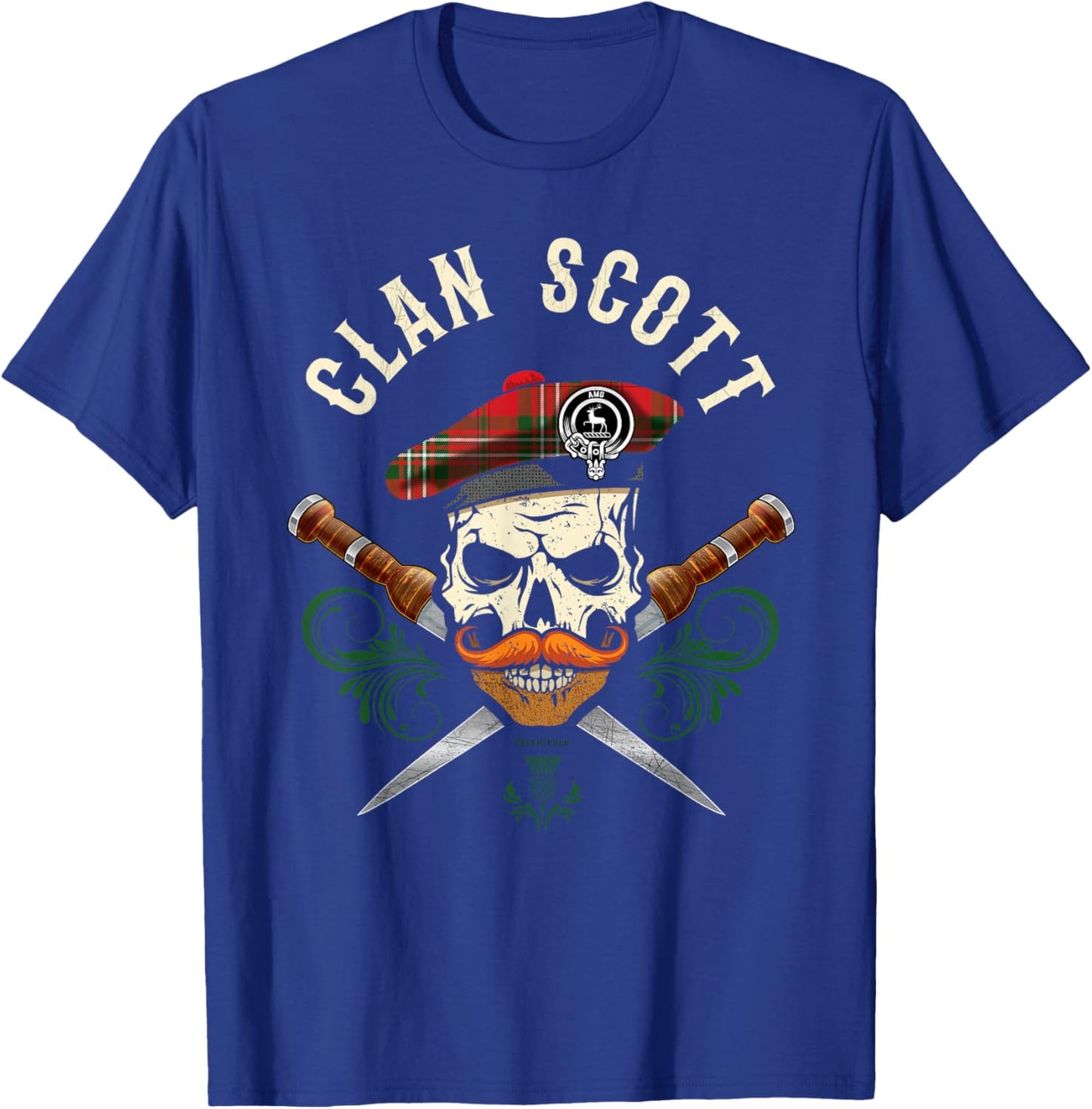 Scottish Clan Scott Surname Skull Dirks Tartan Badge T-Shirt - T-Shirt | Royal