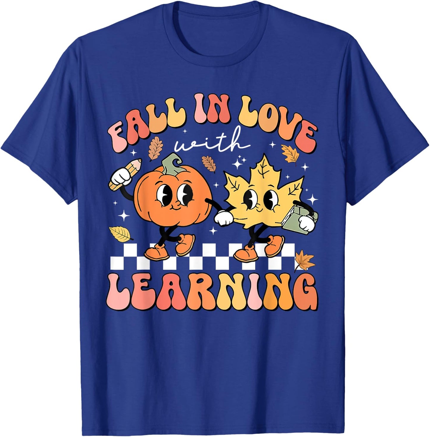 Retro Fall In Love With Learning Autumn Pumpkin Teacher T-Shirt - T-Shirt | Royal