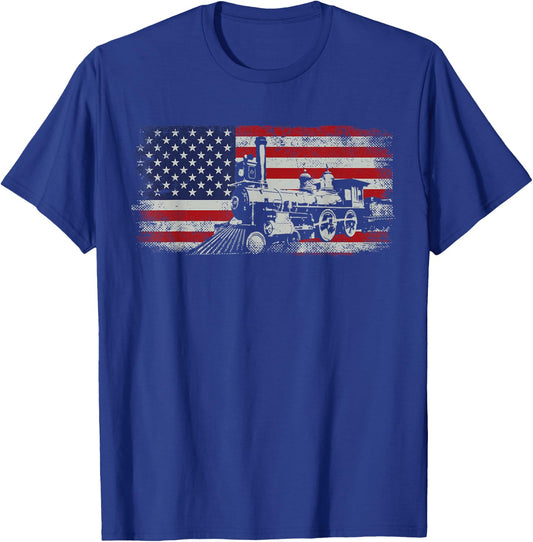 Steam Train Driver Trainspotting Locomotive American Flag T-Shirt - T-Shirt | Royal