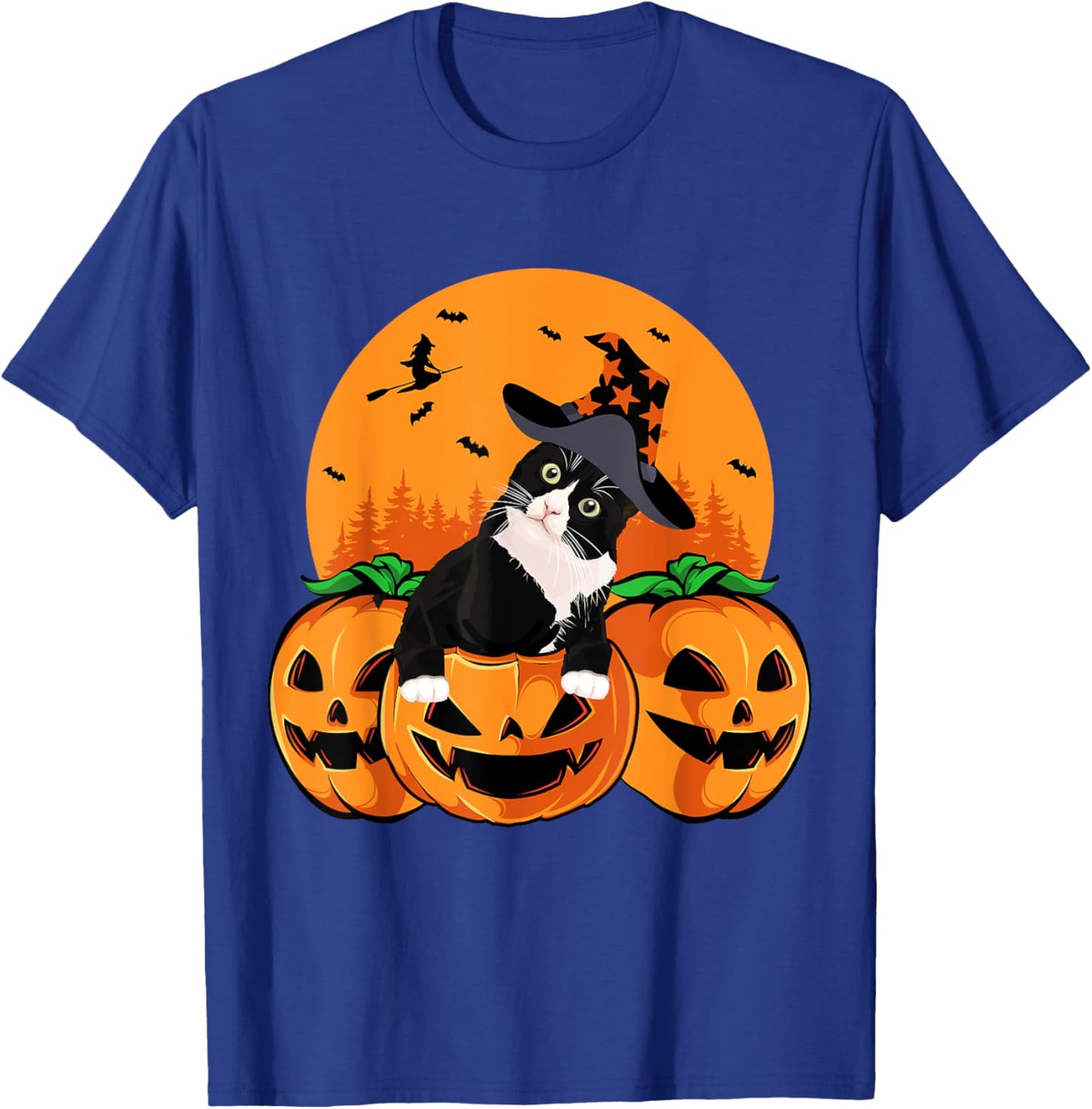 Tuxedo Cat Witch Hat Halloween Scary Jack O Lantern Pumpkins T-Shirt - T-Shirt | Royal