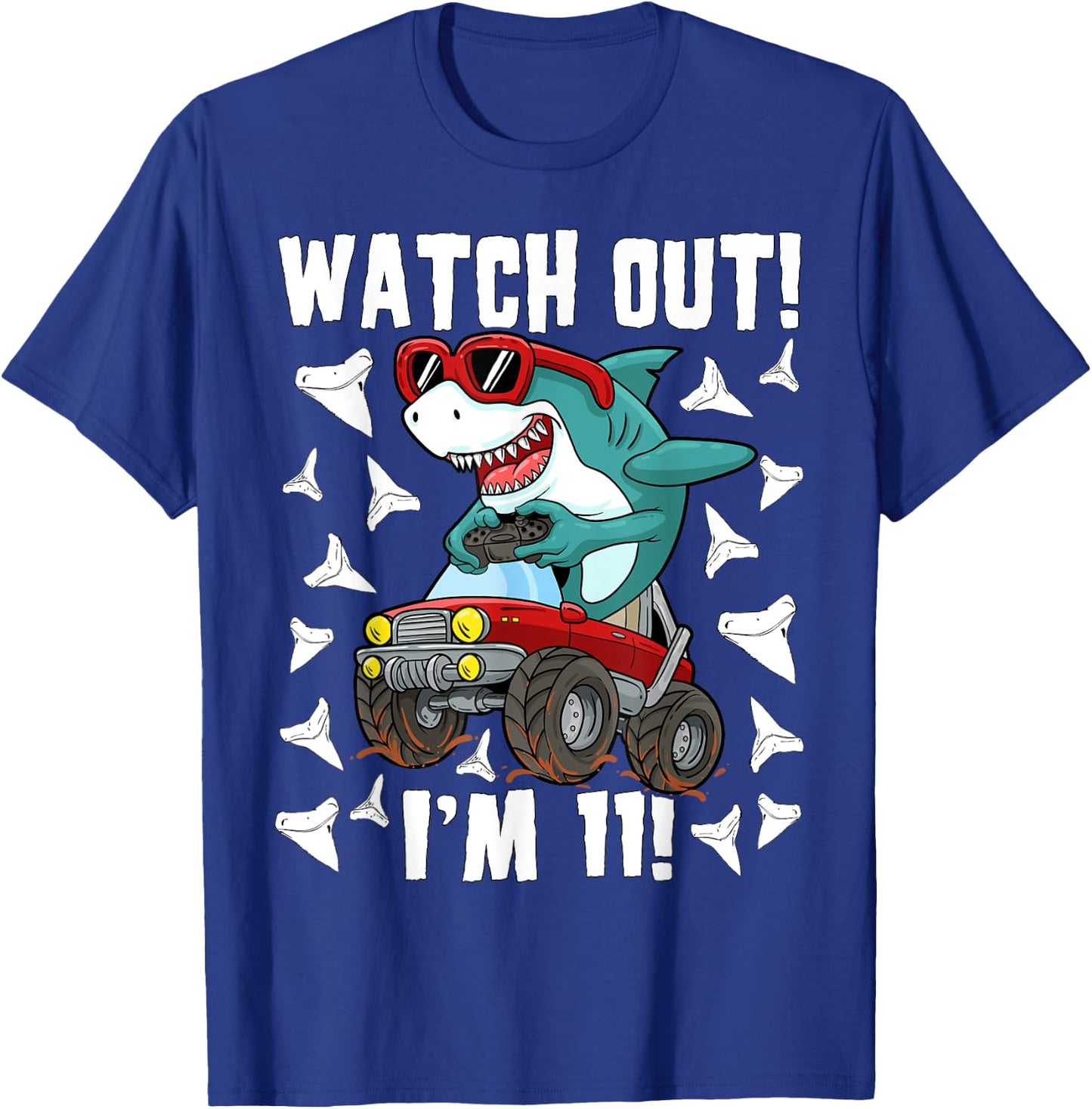 11 Years Old 11th Birthday Shark Boy Monster Truck Gamer T-Shirt - T-Shirt | Royal