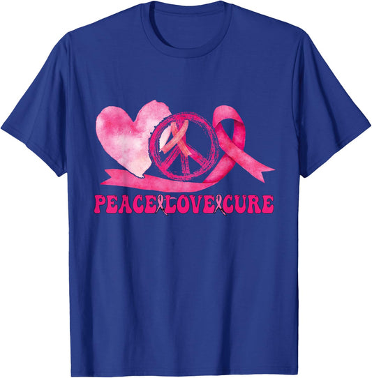 Peace Love Cure Pink Ribbon Cancer Breast Awareness T-Shirt - T-Shirt | Royal