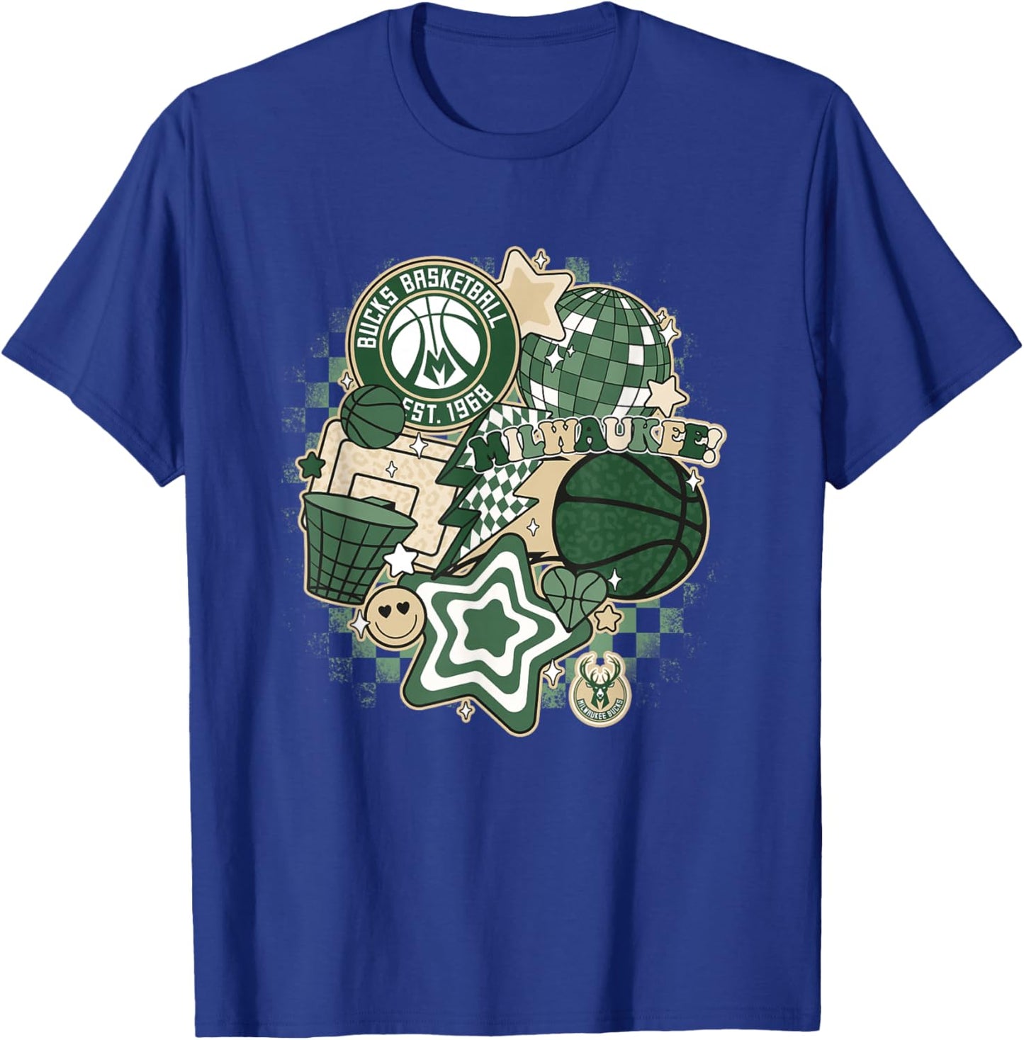 NBA Milwaukee Bucks Psychedelic Basketball Collage T-Shirt - T-Shirt | Royal