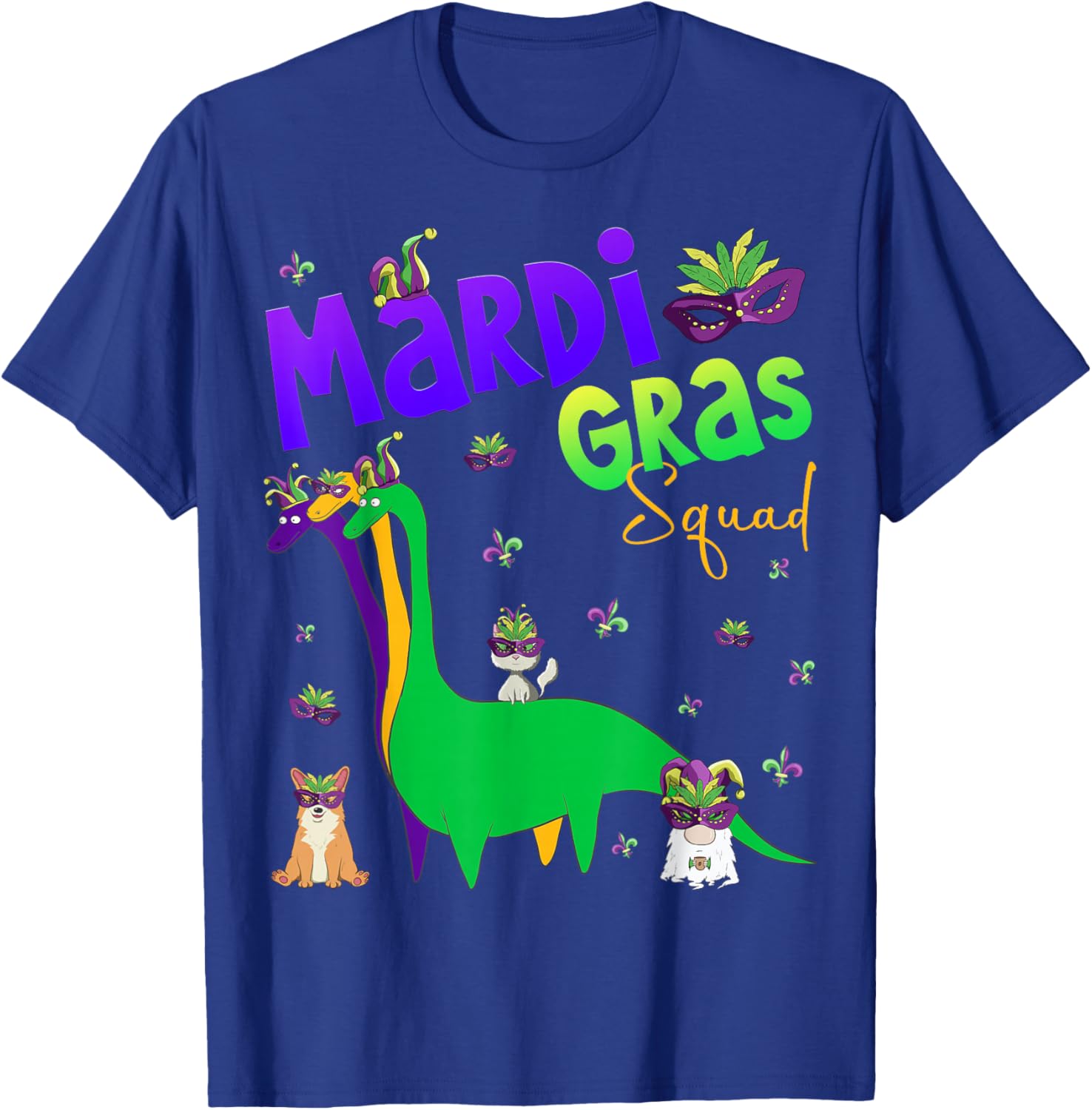 Mardi Gras Squad Funny Dinosaur Cat Gnome Corgi Mardi Gras T-Shirt - T-Shirt | Royal