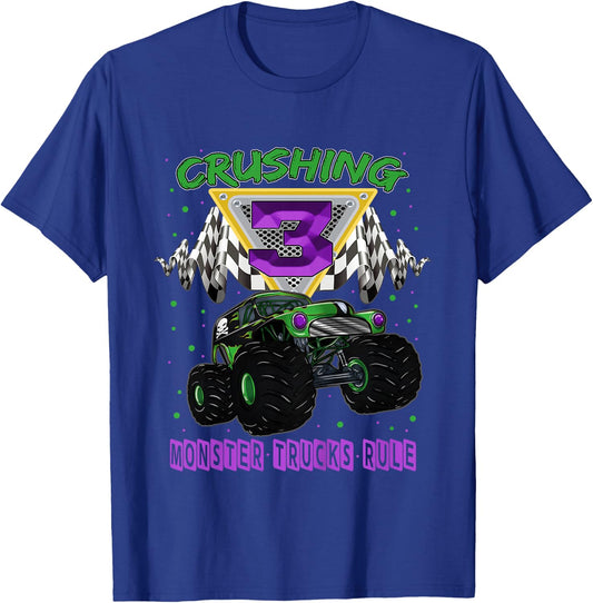 Monster Truck Crushing 3 Years Old Three 3rd Birthday T-Shirt - T-Shirt | Royal