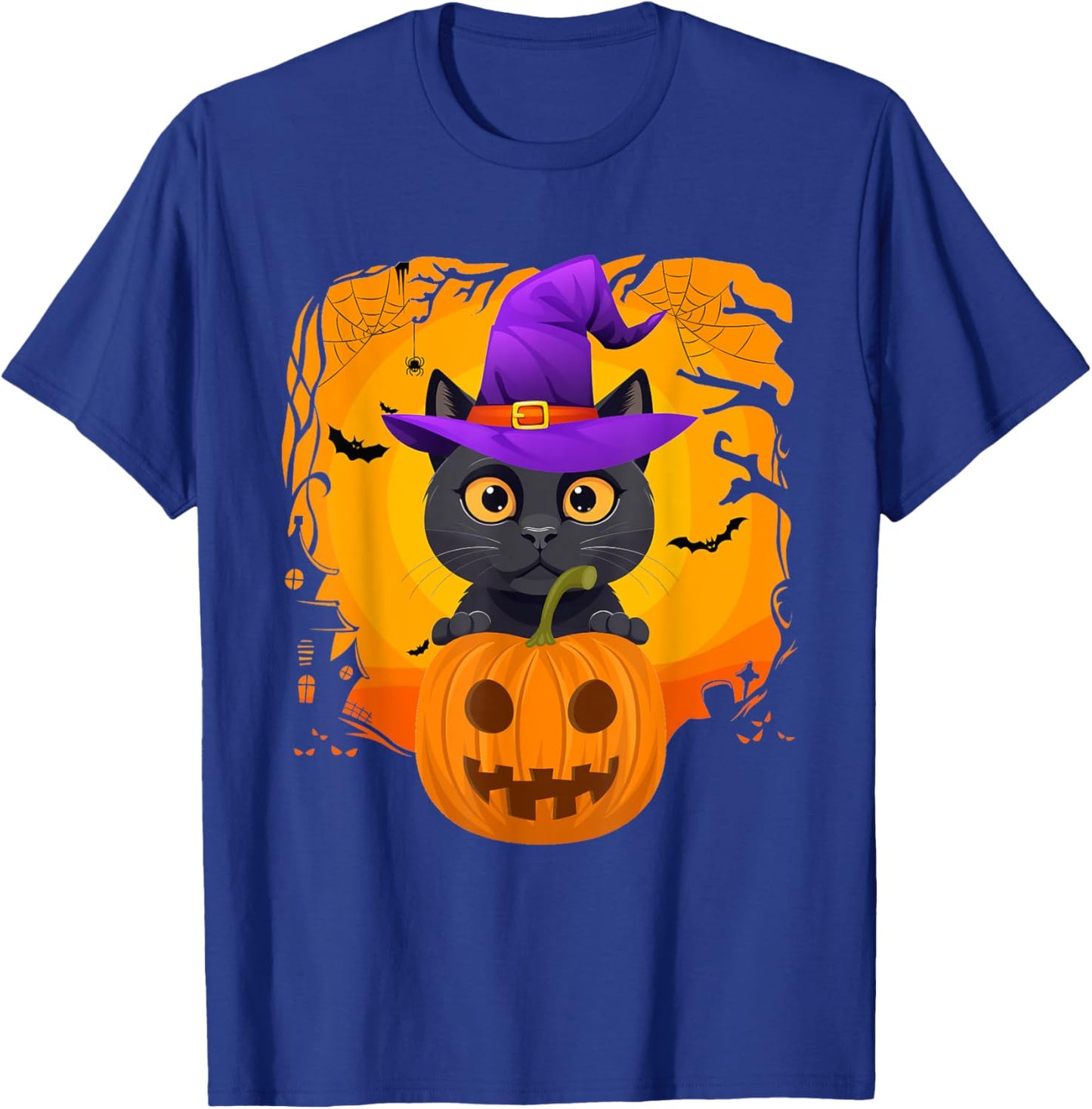 Cute Black Cat Halloween Pumpkin Costume witch Hat Kids T-Shirt - T-Shirt | Royal
