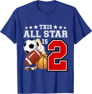 2 Year Old Sports Star Birthday Party All Sport 2nd Gift T-Shirt - T-Shirt | Royal