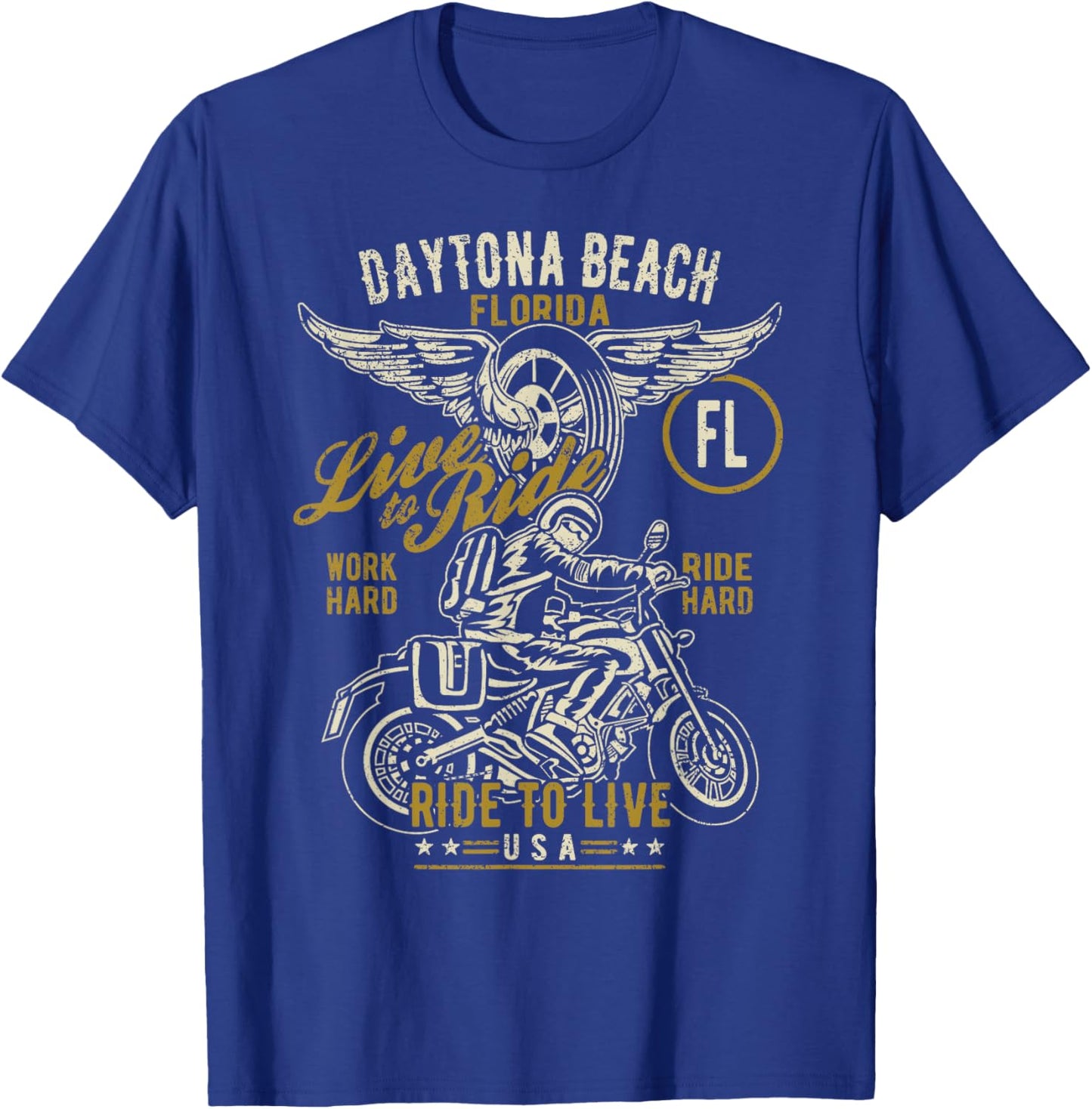 Daytona Beach Florida USA Motorcycle Distressed Design T-Shirt - T-Shirt | Royal