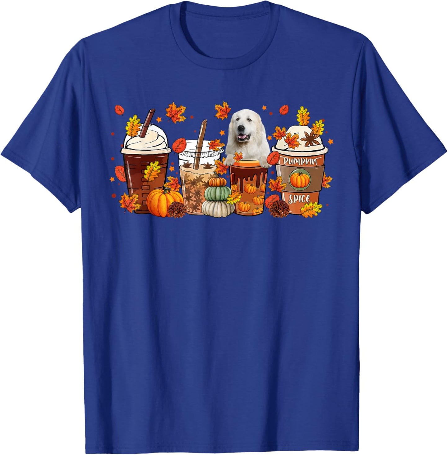 Cups Of Iced Latte & Great Pyrenees Fall Leaves Thanksgiving T-Shirt - T-Shirt | Royal