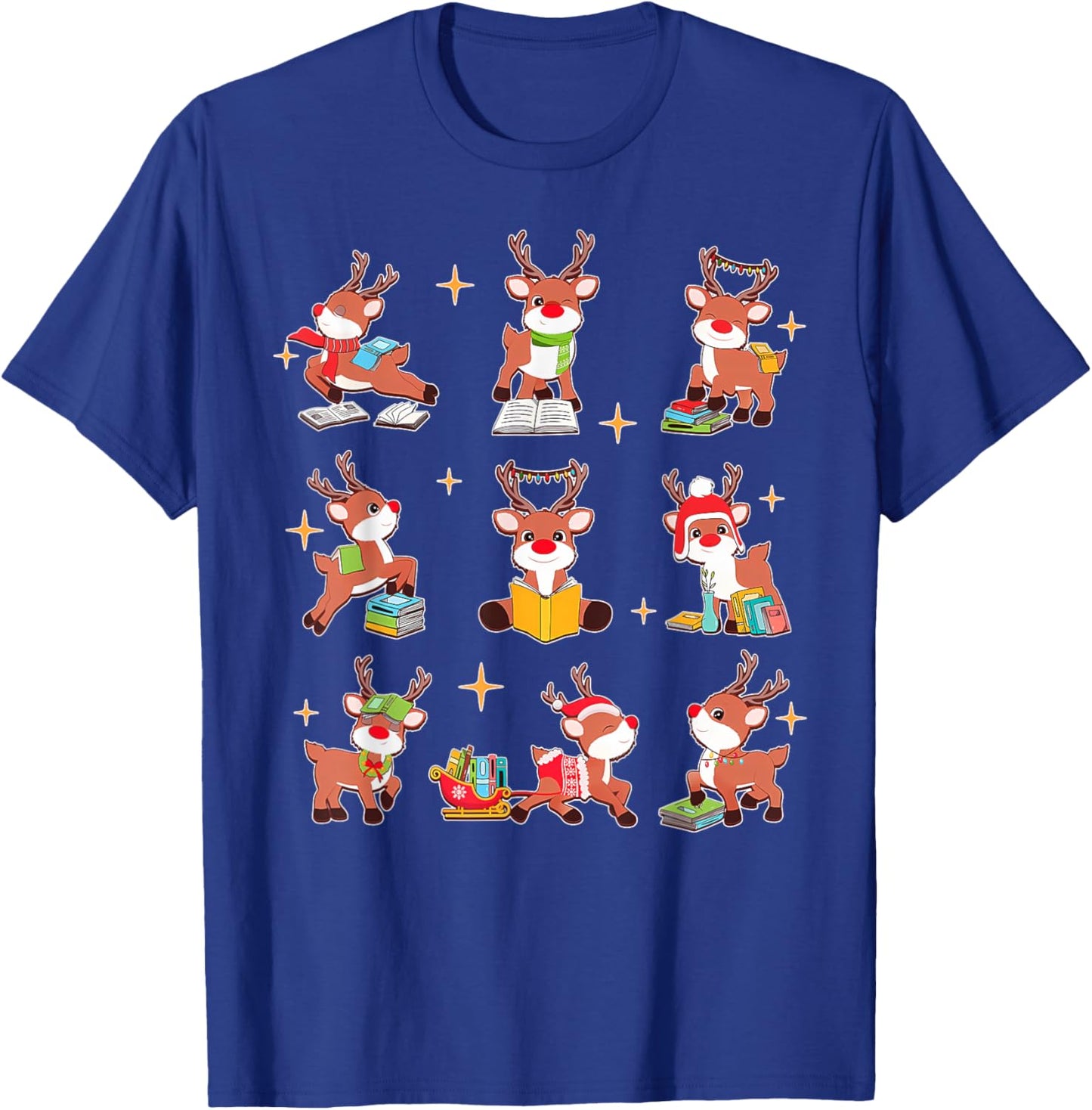 Funny Cute Reindeer Reading Teacher Christmas Book Lover T-Shirt - T-Shirt | Royal