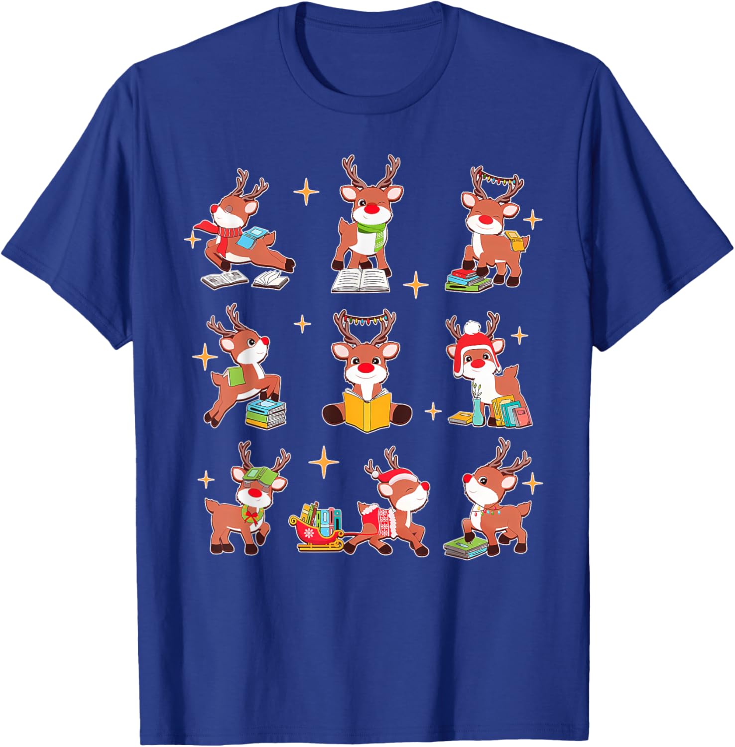 Funny Cute Reindeer Reading Teacher Christmas Book Lover T-Shirt - T-Shirt | Royal