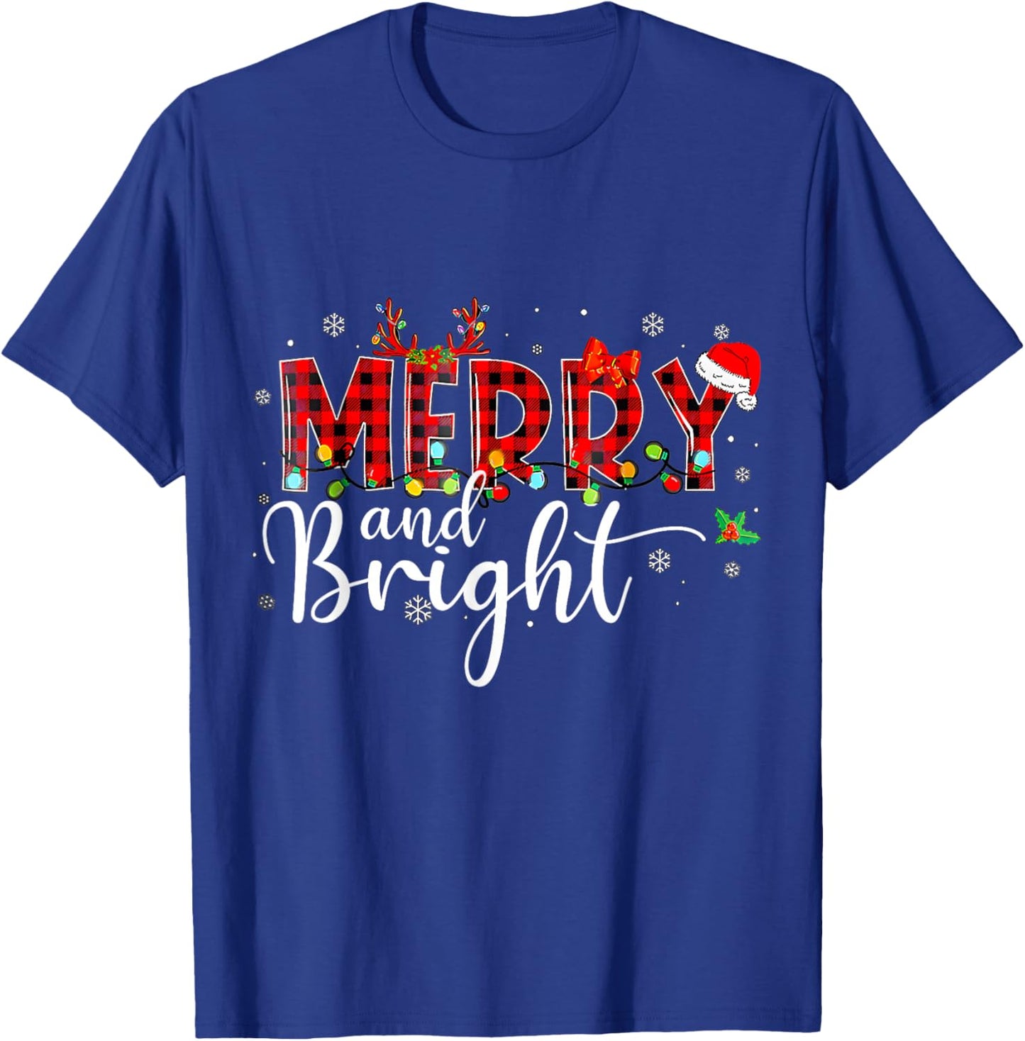 Merry and Bright Buffalo Plaid Red Santa Hat Xmas Pajamas T-Shirt - T-Shirt | Royal