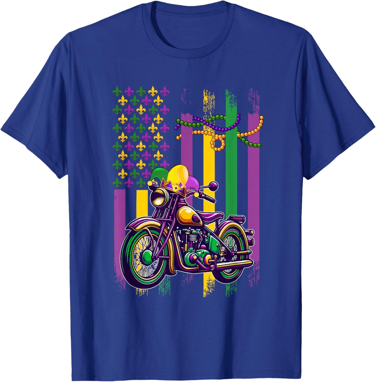 American Flag Mardi Gras Motorcycle Wearing Jester Hat Beads T-Shirt - T-Shirt | Royal