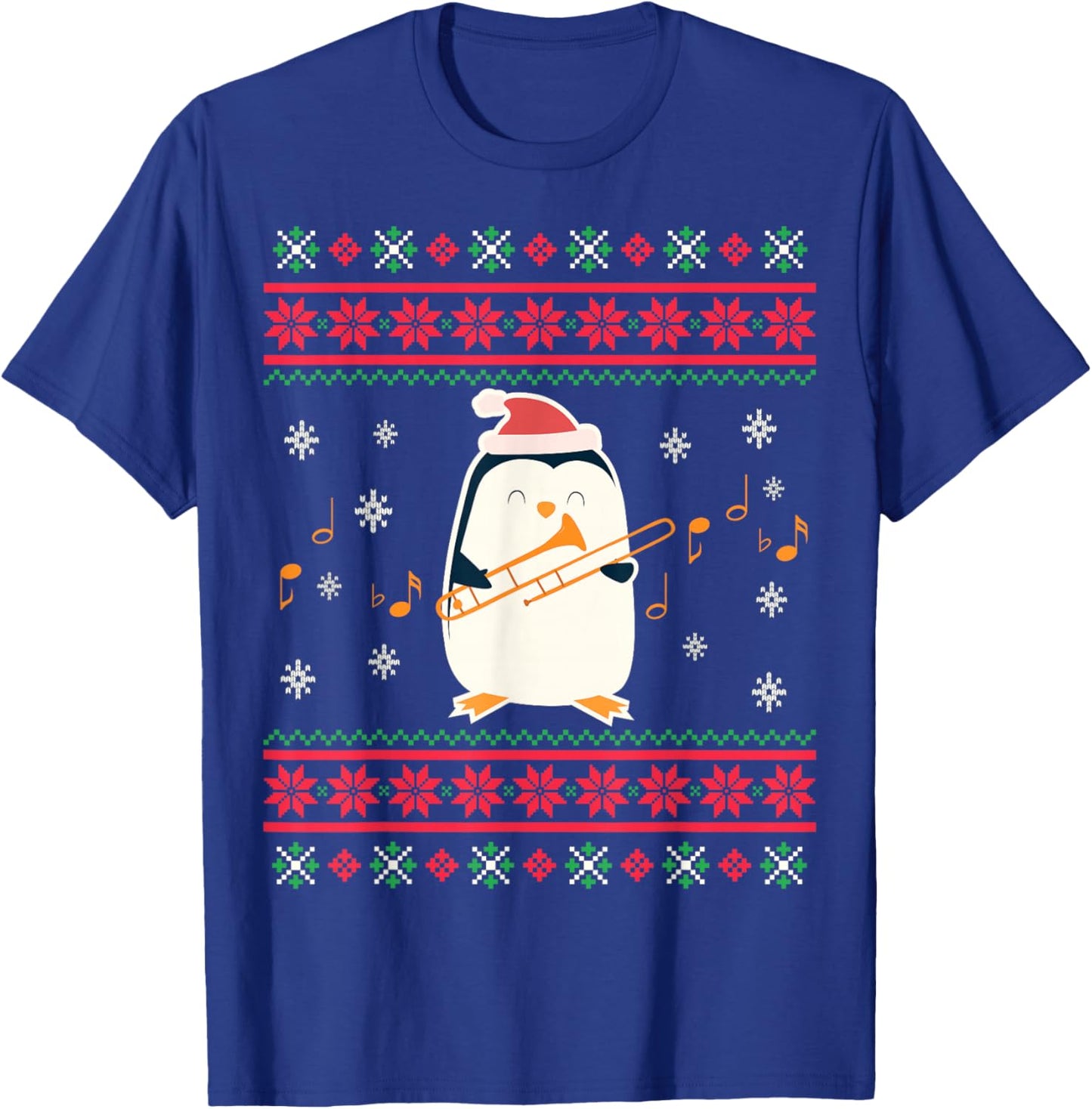 Santa Hat Penguin Playing Trombone Ugly Christmas Trombonist T-Shirt - T-Shirt | Royal