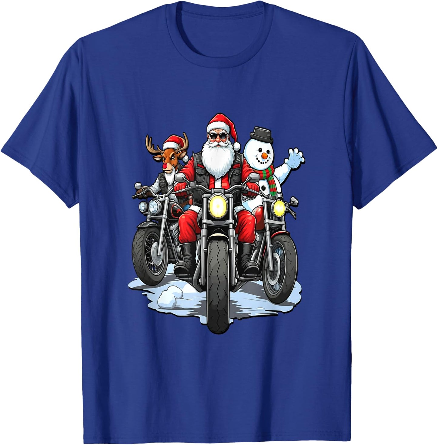 Santa, Reindeer & Snowman Bikers on Motorcycles T-Shirt - T-Shirt | Royal