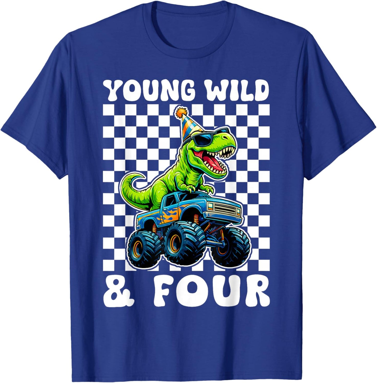 Young Wild & Four T-Rex Dino Monster Truck 4th Birthday T-Shirt - T-Shirt | Royal