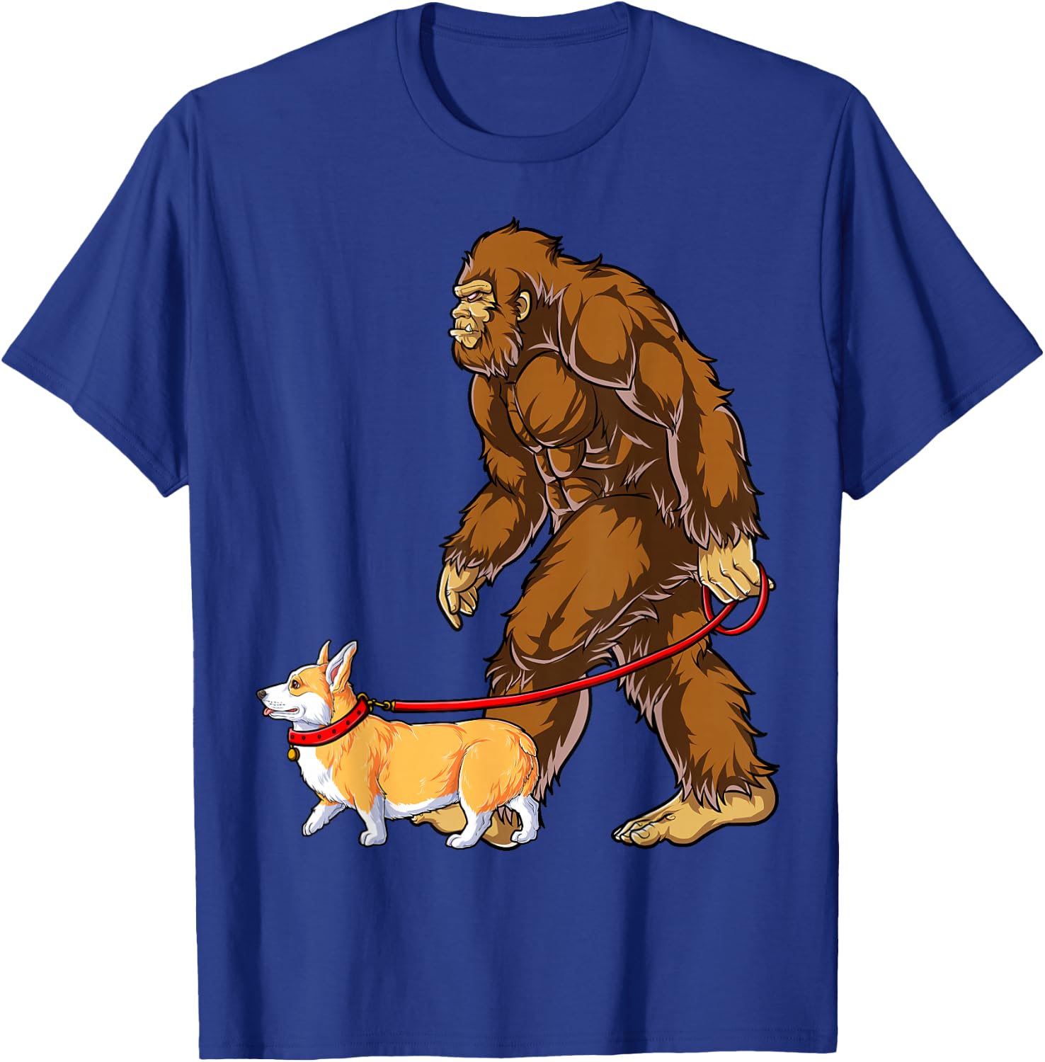 Bigfoot Dog Walk Corgi Funny Sasquatch Lovers Men Women T-Shirt - T-Shirt | Royal