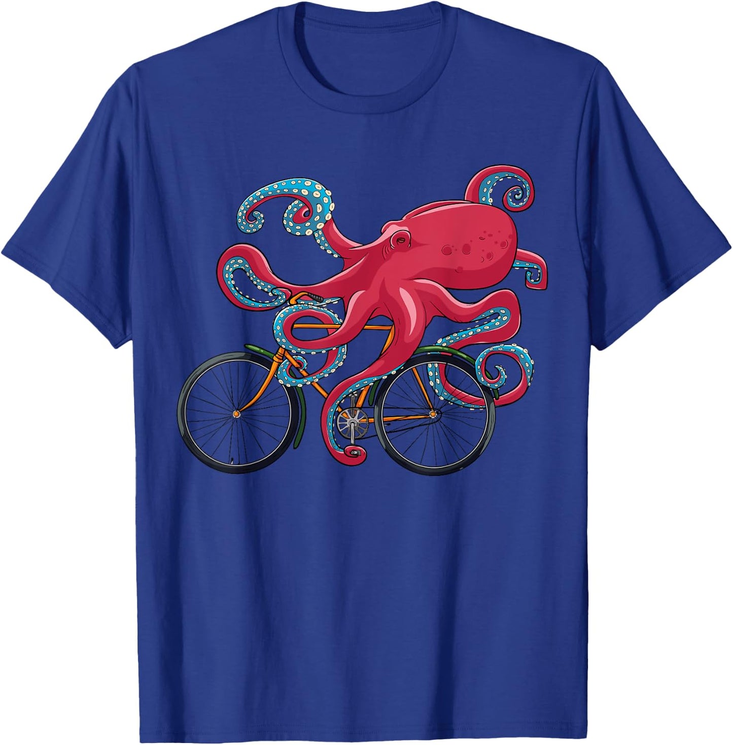 Octopus On Bicycle Cycling Eight Long Arms Graphic Print T-Shirt - T-Shirt | Royal