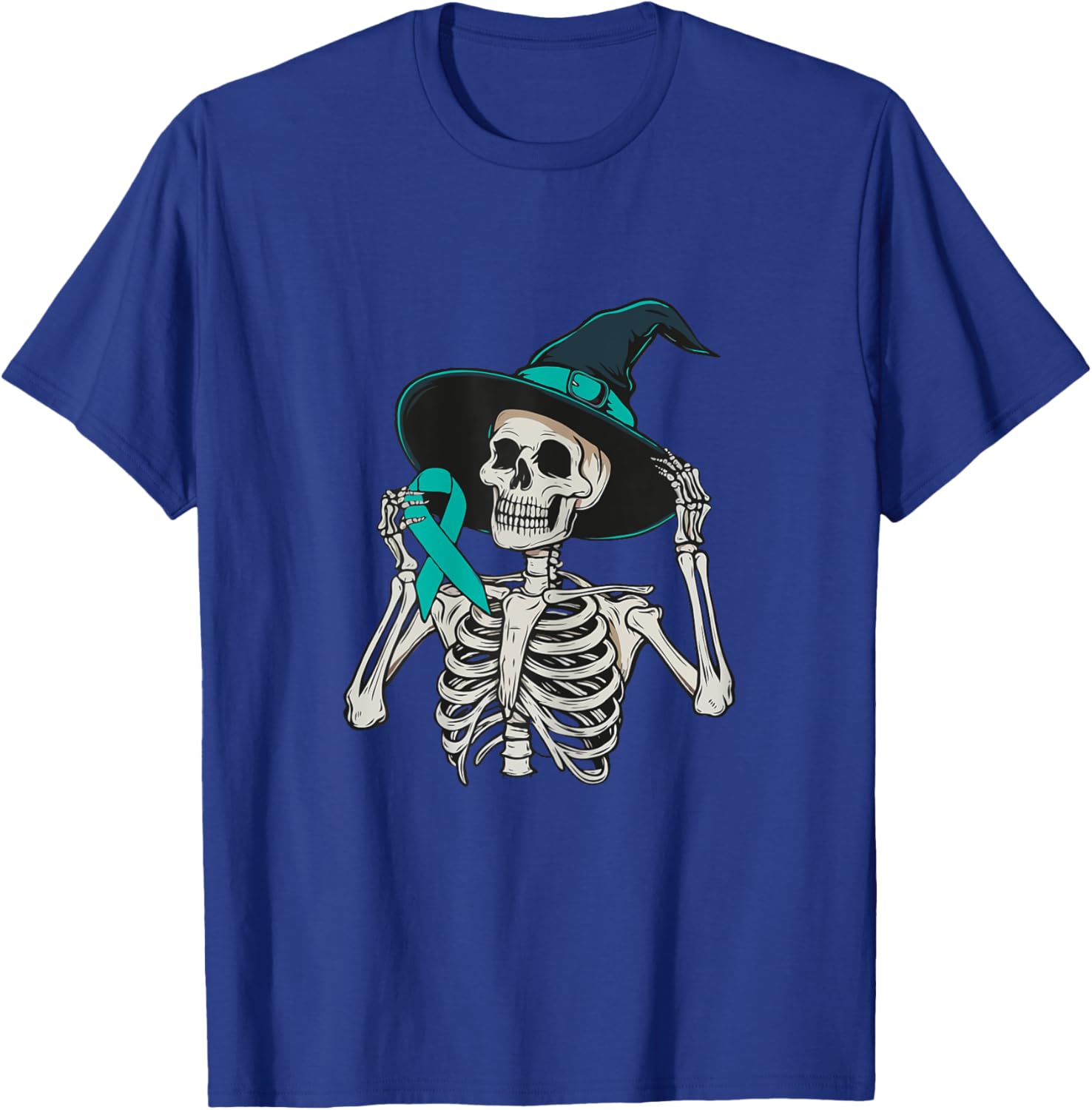 Teal Ribbon Peritoneal Cancer Awareness Skeleton Halloween T-Shirt - T-Shirt | Royal