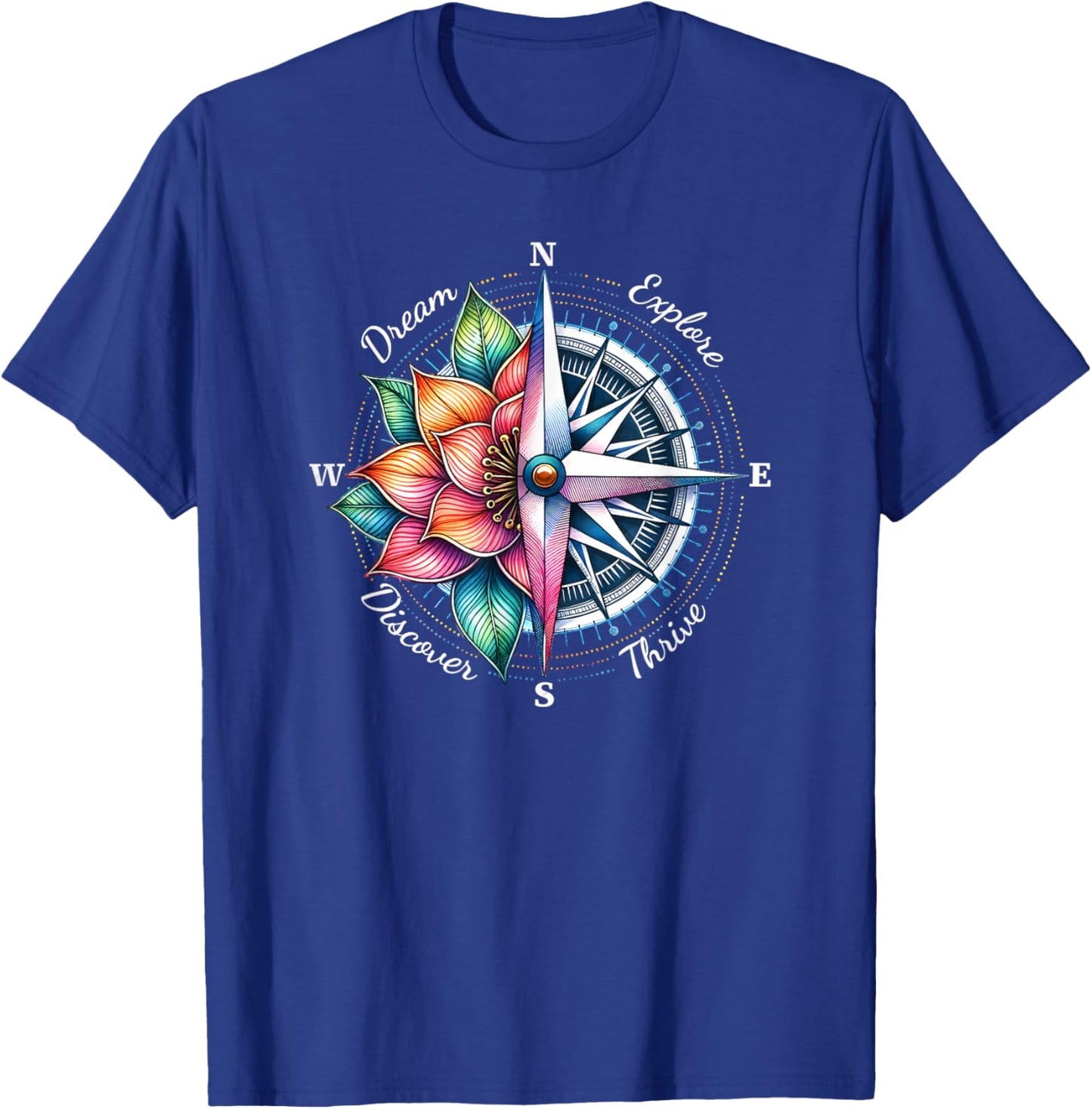 Traveler Compass Dream Explore Discover Thrive Adventure T-Shirt - T-Shirt | Royal