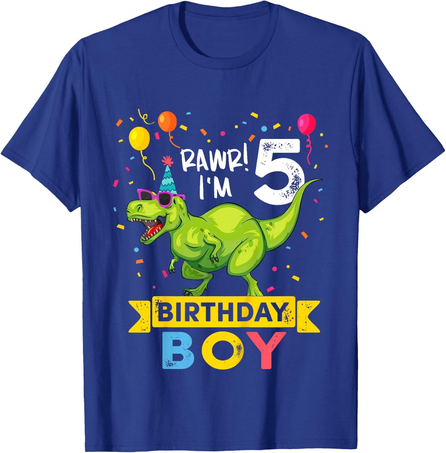 Kids 5 Year Old Boy T Rex Dinosaur 5th Birthday T-Shirt - T-Shirt | Royal