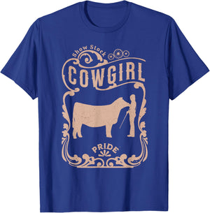 Show Stock Beef Show Cow Showmanship Cowgirl with Show Steer T-Shirt - T-Shirt | Royal