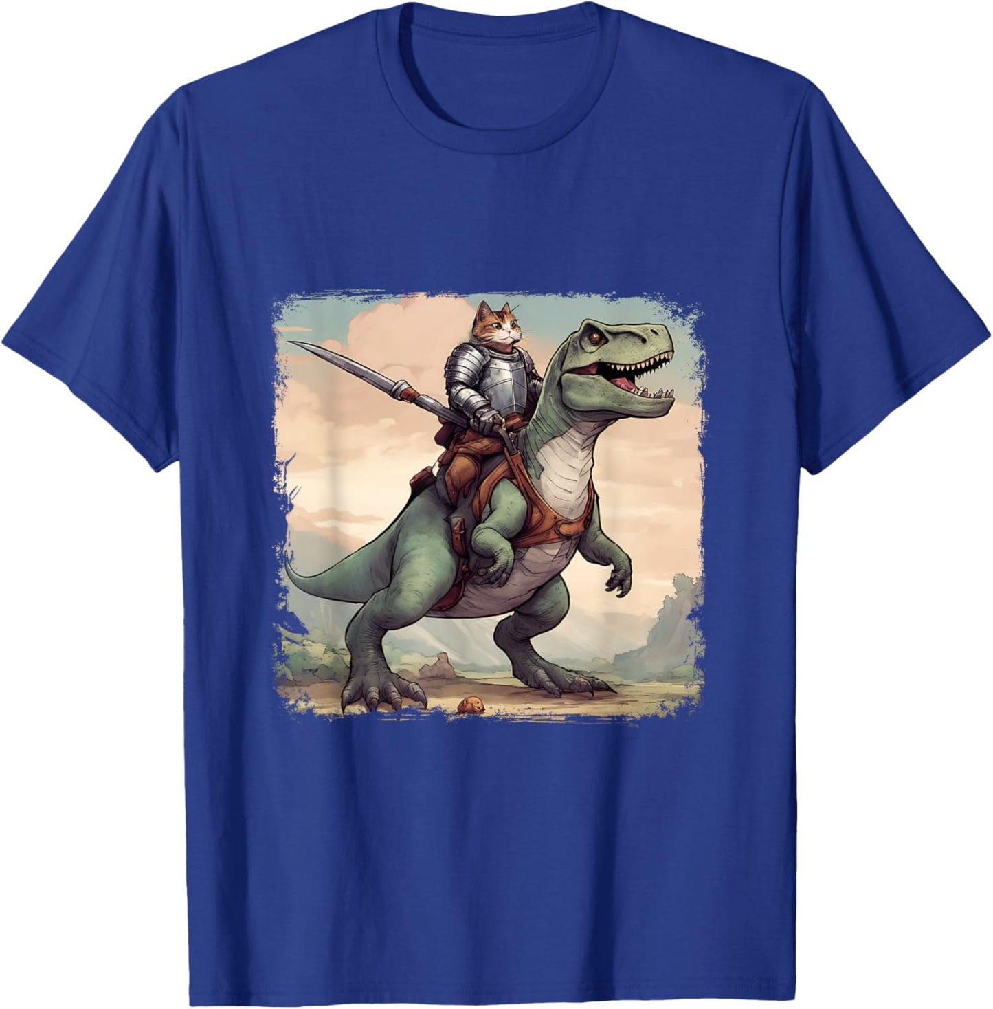 Cat Knight riding a T-Rex. Fun Men Women T-Shirt - T-Shirt | Royal