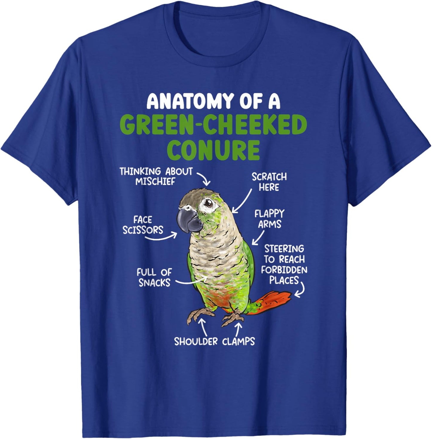 Anatomy Of A Green Cheeked Conure Parrot Bird Conure T-Shirt - T-Shirt | Royal