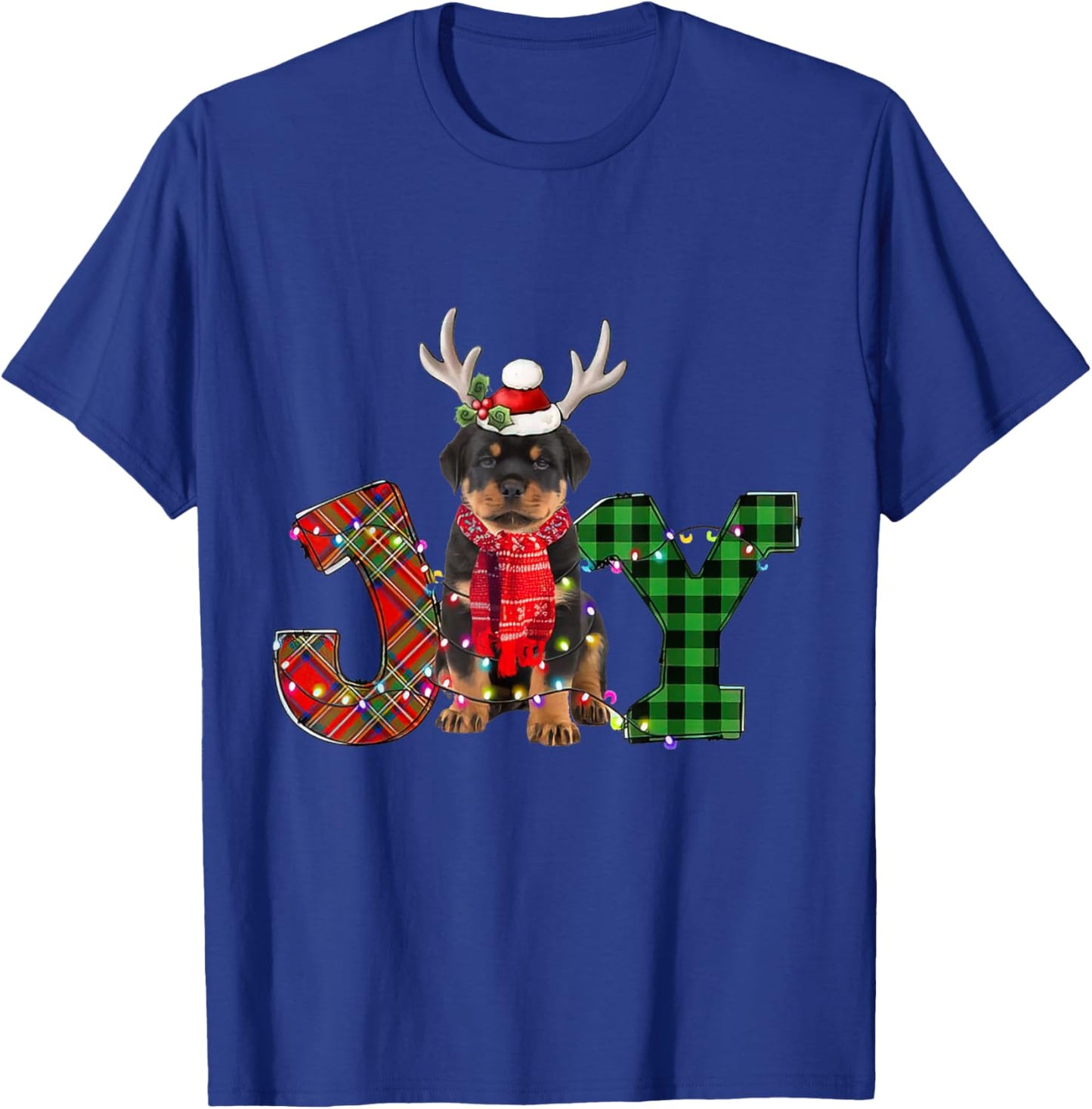 Joy Christmas Lights Rottweiler Dog Santa Hat Pajama Women Kids T-Shirt - T-Shirt | Royal