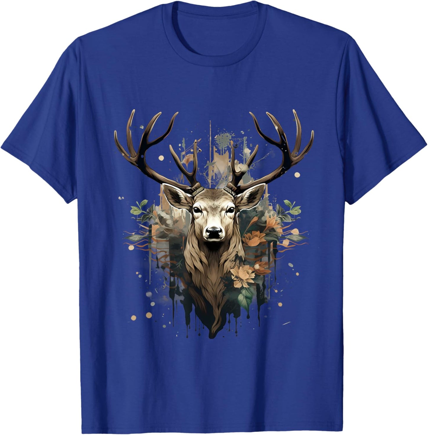 Deer Portrait Floral Artwork Wildlife Nature Animal Lovers T-Shirt - T-Shirt | Royal