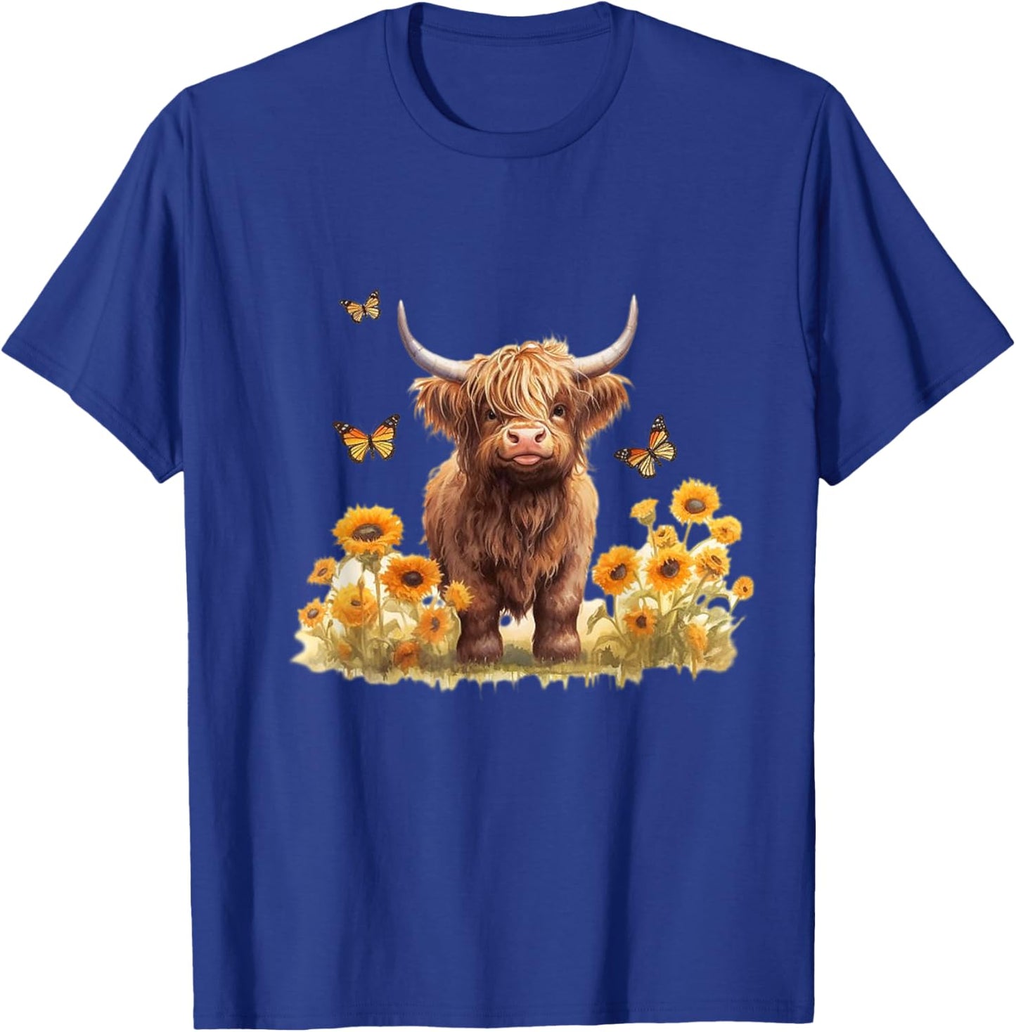 Cute Highland cow with sunflowers country Heifer Farm Farmer T-Shirt - T-Shirt | Royal