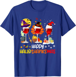 Wine Halloween Thanksgiving Christmas Happy Hallothanksmas T-Shirt - T-Shirt | Royal