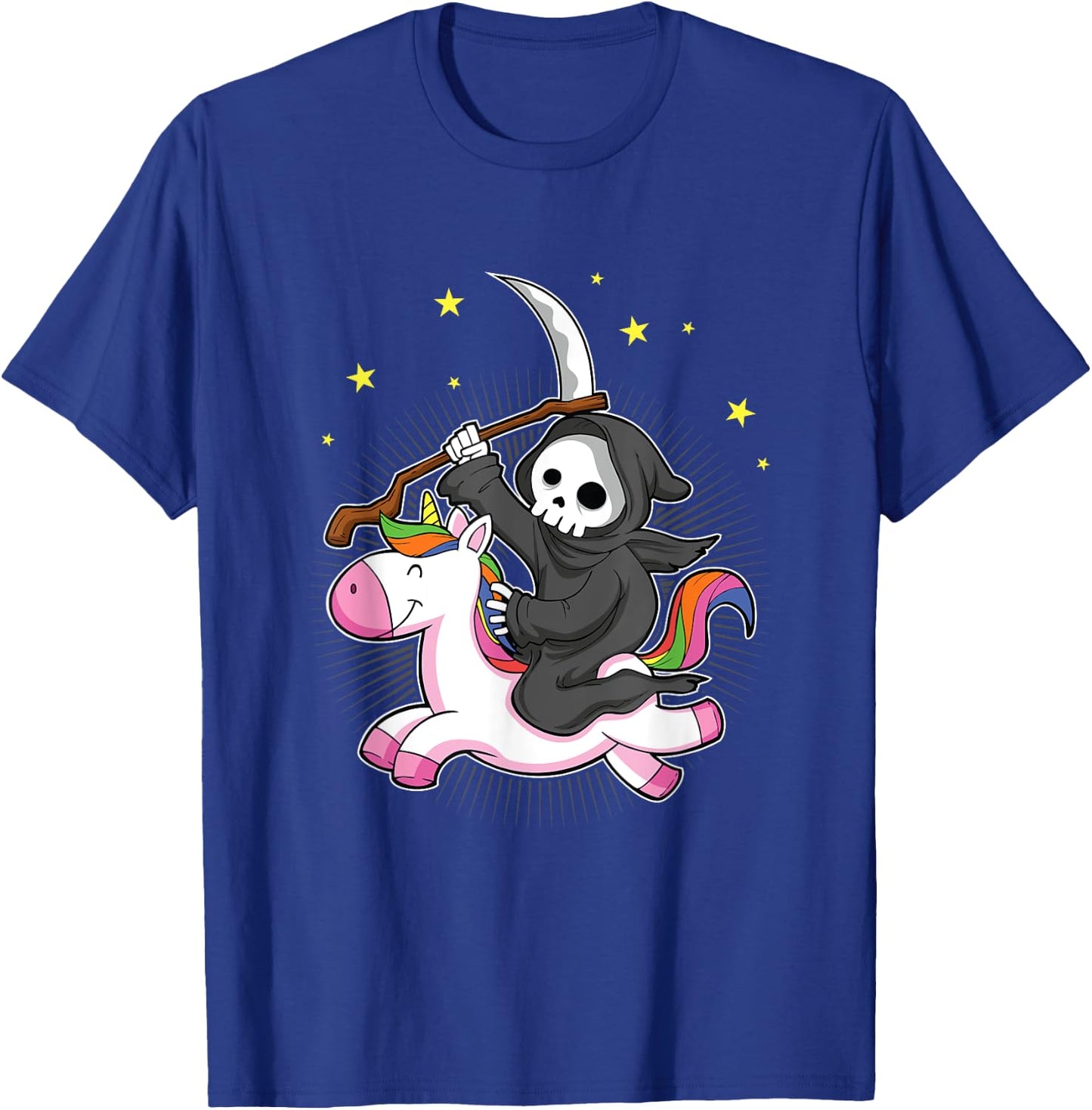 Death Metal Rock Music Halloween Grim Reaper Riding Unicorn T-Shirt - T-Shirt | Royal