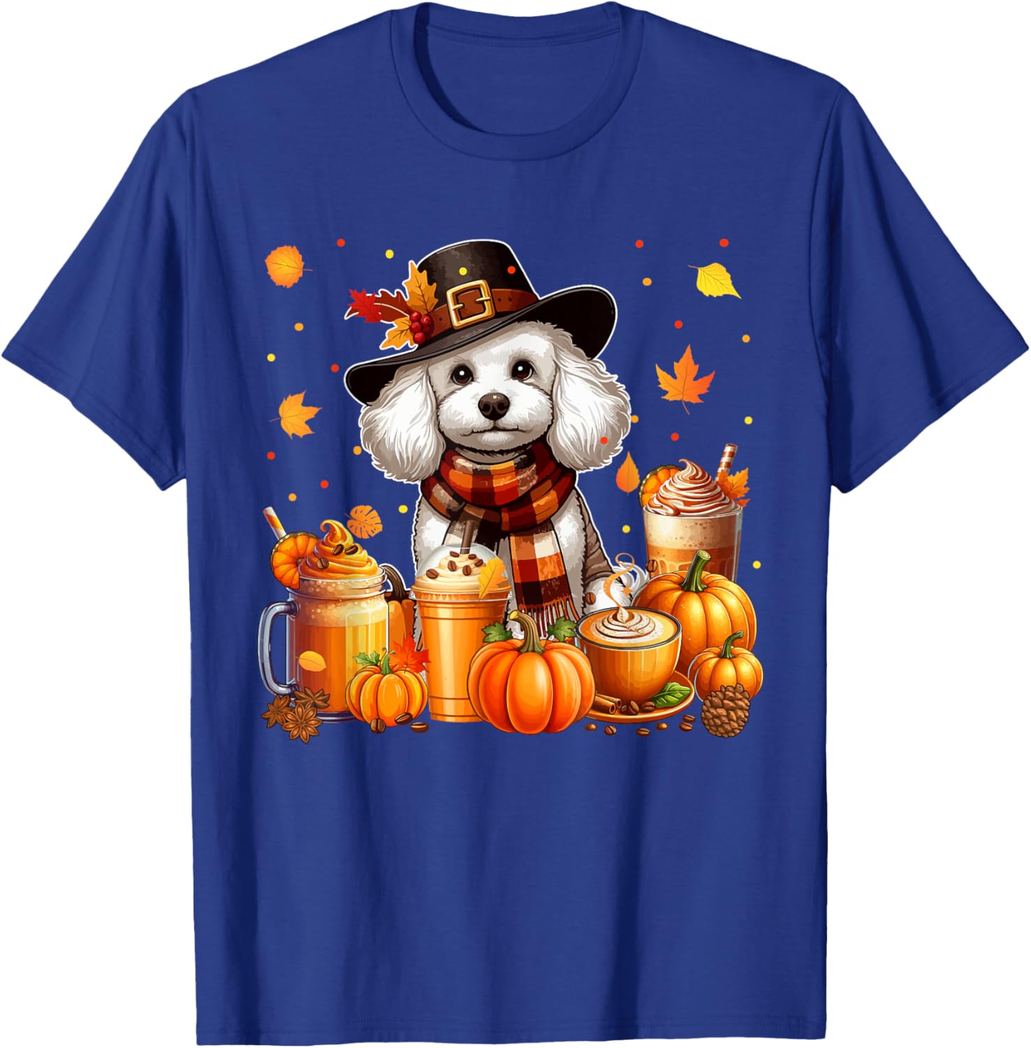 Poodle Thanksgiving Drinks Coffee Fall Leaves Pumpkins T-Shirt - T-Shirt | Royal