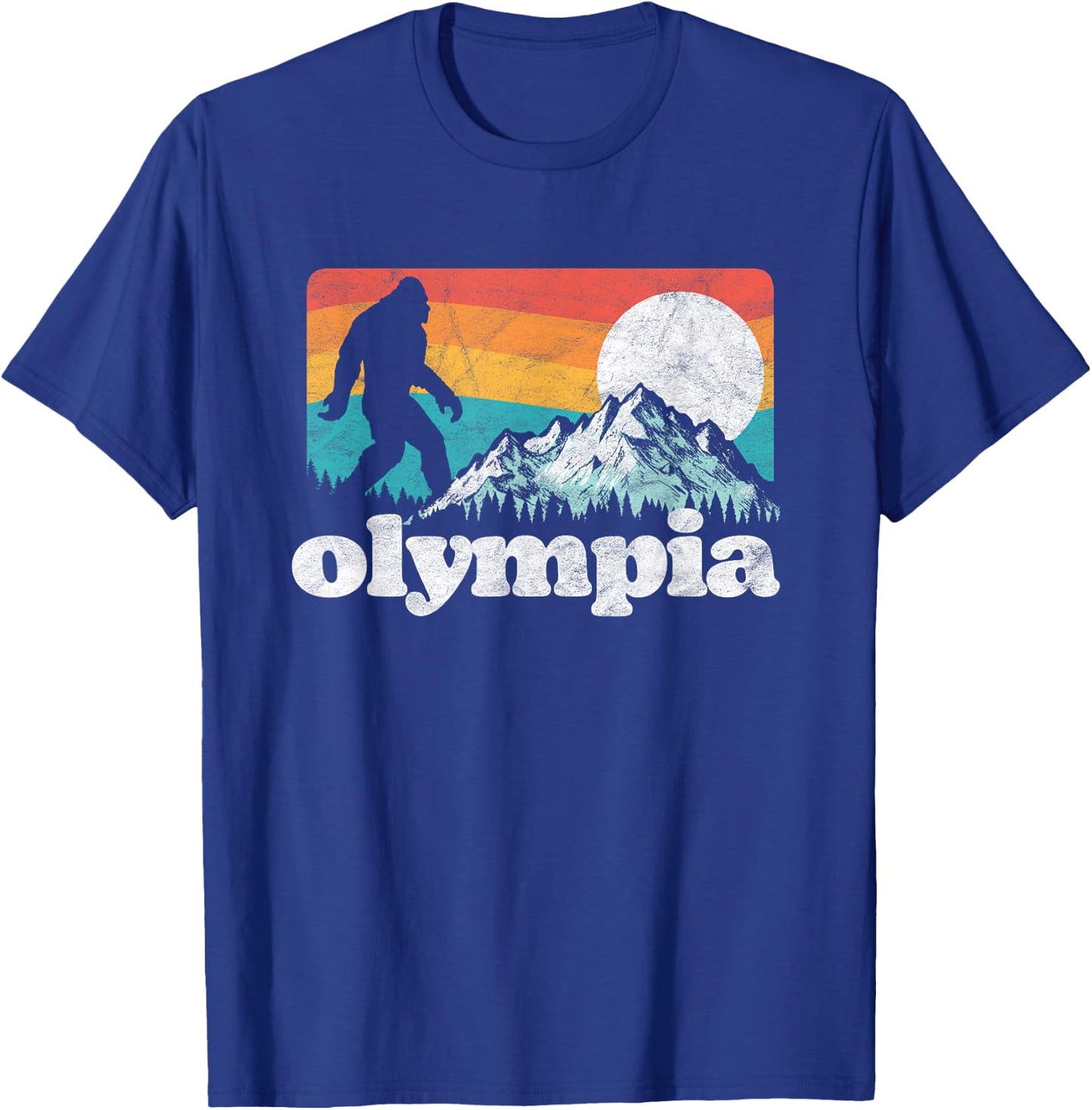 Olympia Washington Bigfoot Mountains Retro Distressed 80s T-Shirt - T-Shirt | Royal