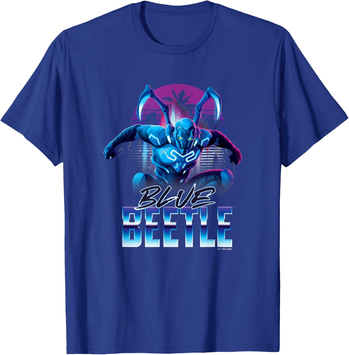 Blue Beetle Neon City Lights Super Hero Action Portrait T-Shirt - T-Shirt | Royal