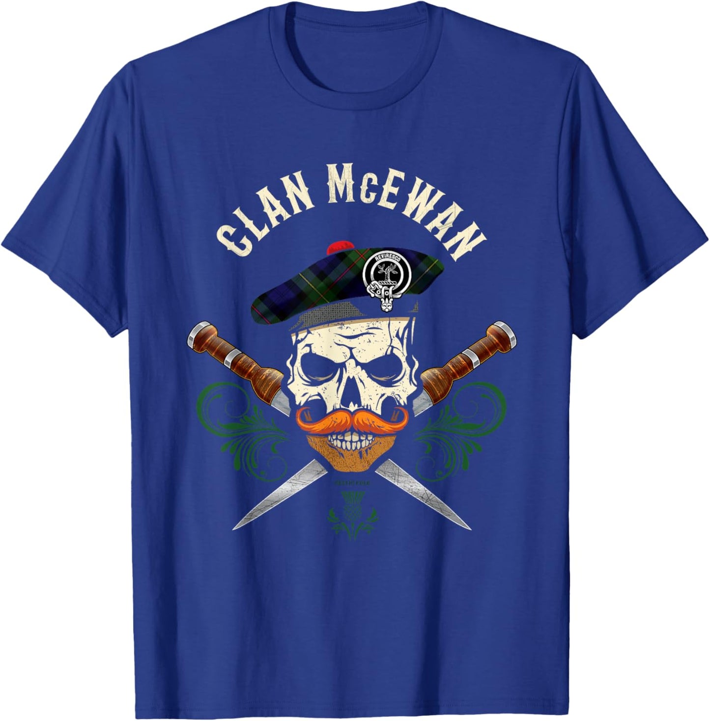 Scottish Clan McEwan Surname Skull Dirks Tartan Badge T-Shirt - T-Shirt | Royal