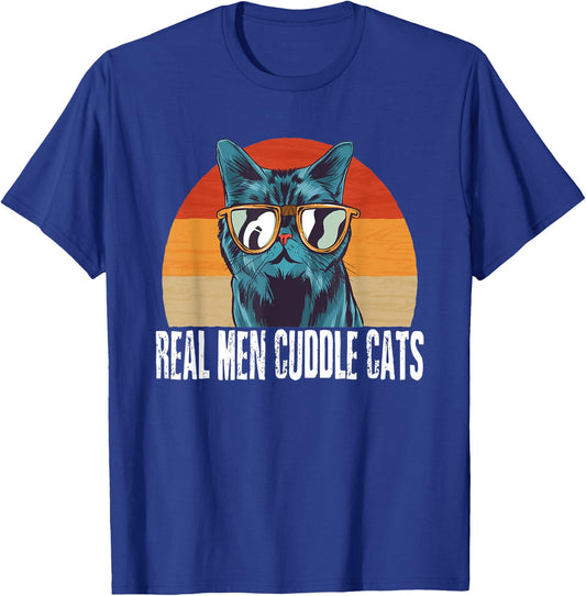 Real Men Cuddle Cats Cat Daddy Dad Vintage Retro T-Shirt - T-Shirt | Royal
