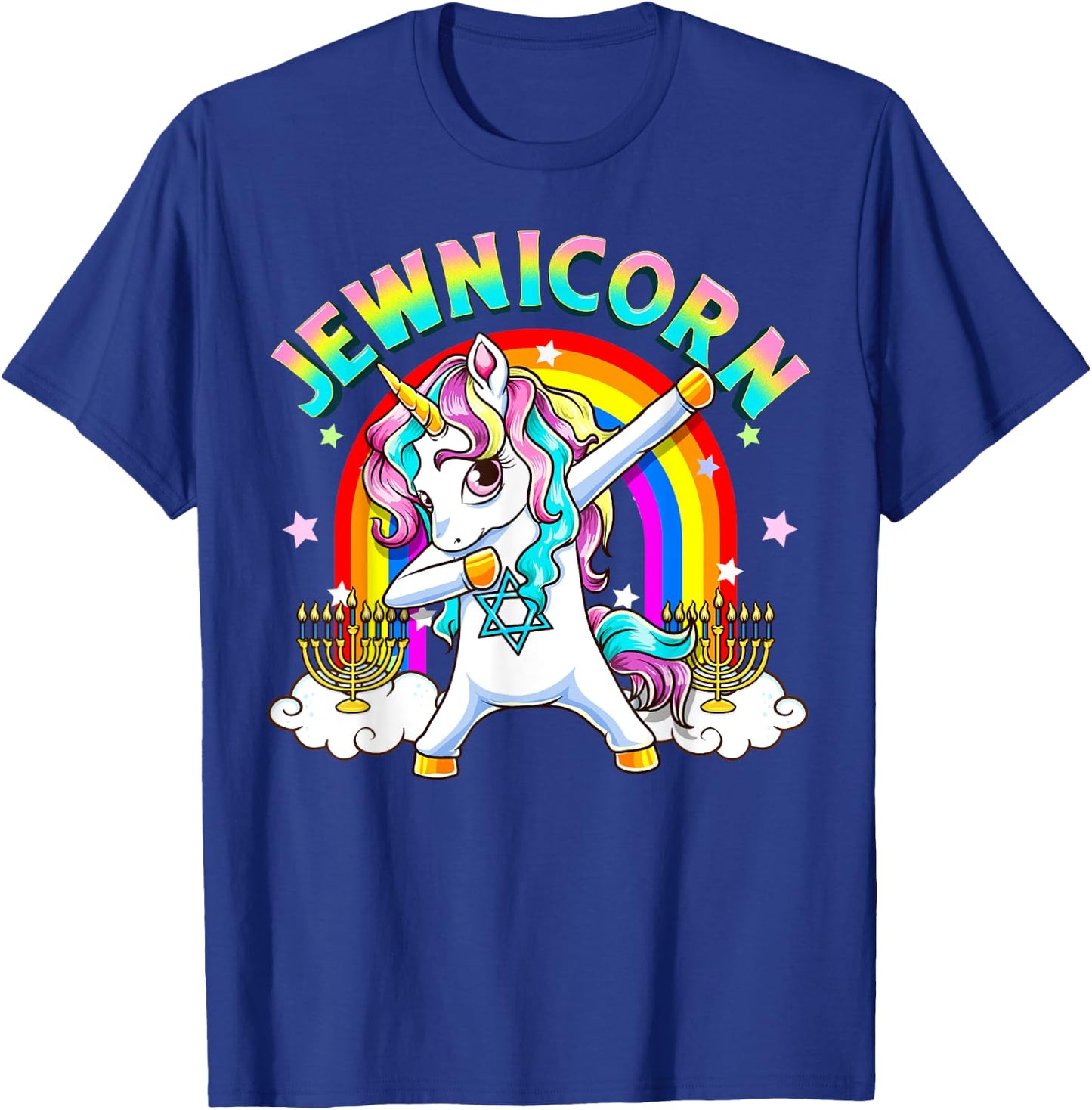 Jewnicorn Funny Cute Hanukkah Jewish Rainbow Unicorn Menorah T-Shirt - T-Shirt | Royal