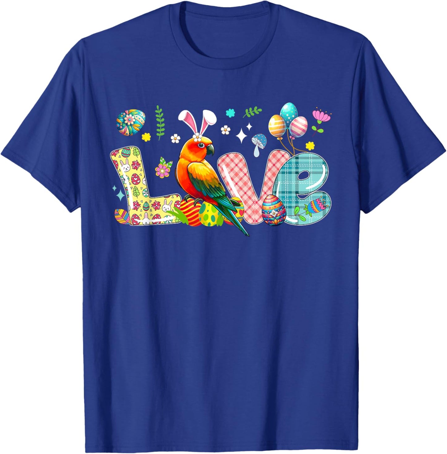 Love Easter Bunny Sun Conure Hunting Eggs Flowers Colourful T-Shirt - T-Shirt | Royal
