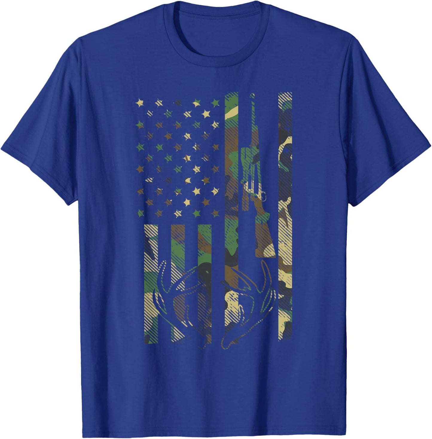 Camo American Flag Rifle Antler Deer Hunting Gun Hunter Gift T-Shirt - T-Shirt | Royal