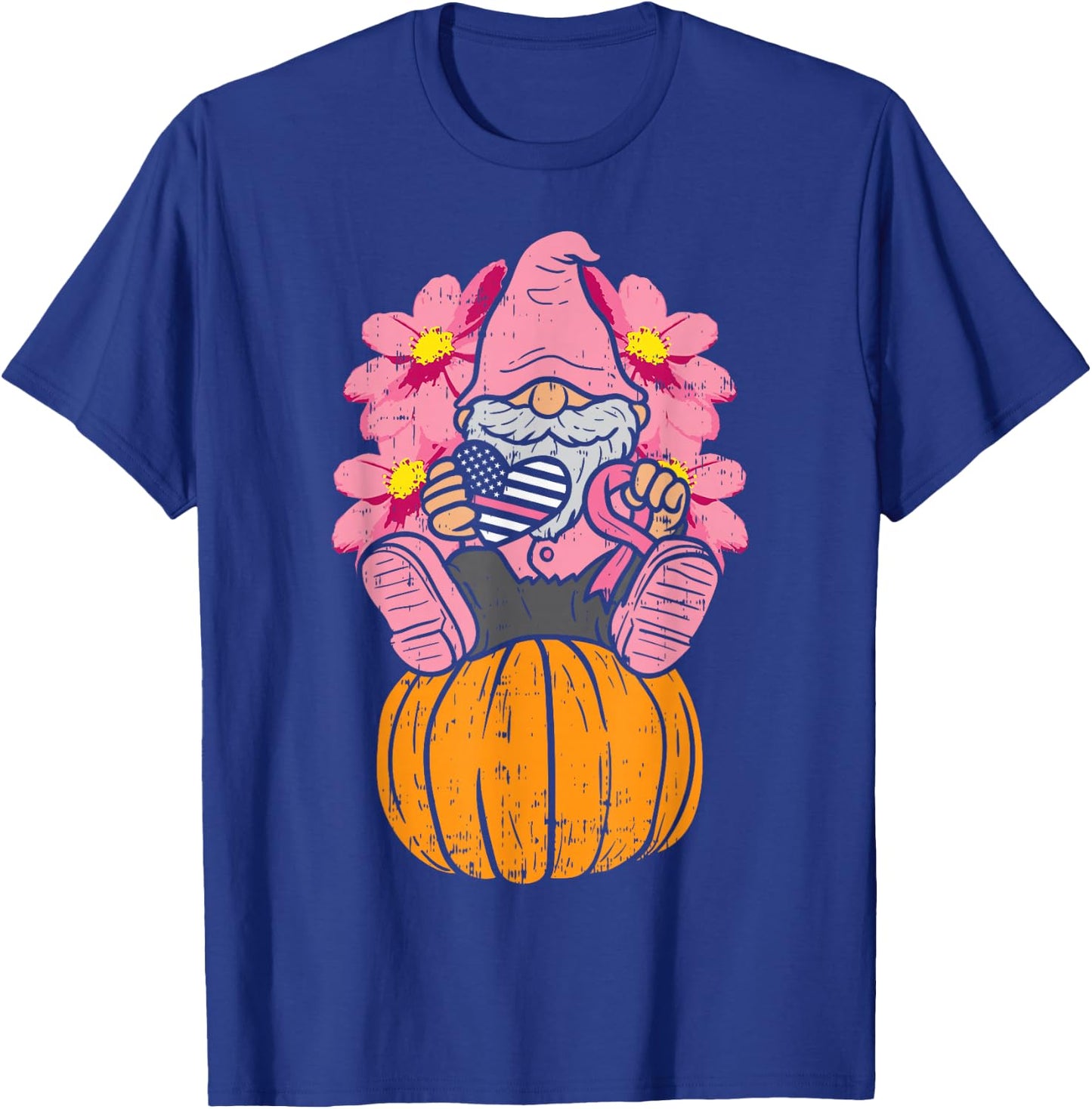 Gnome On Pumpkin Pink Ribbon Breast Cancer Halloween Gift T-Shirt - T-Shirt | Royal